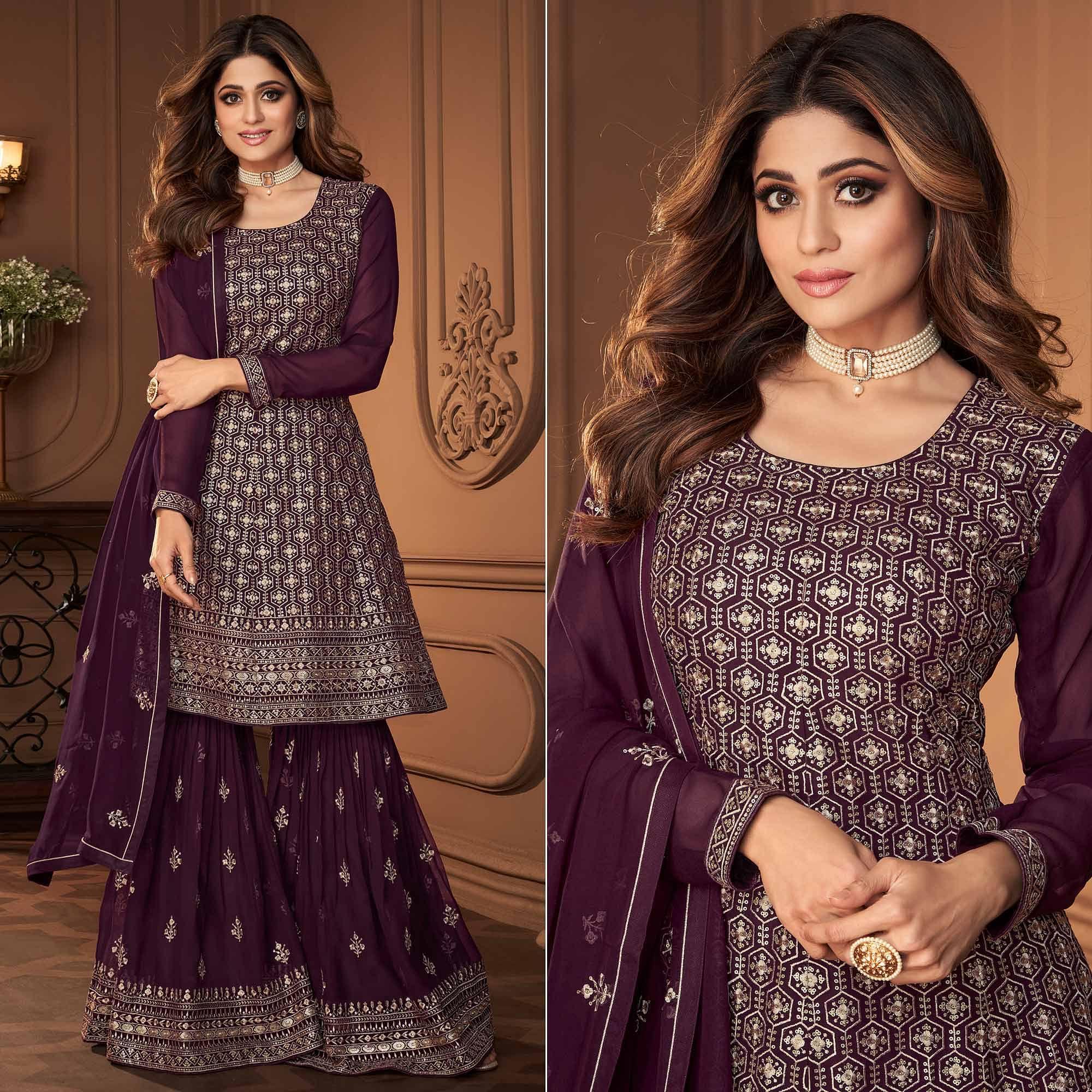 Wine Partywear Sequence Embroidered Georgette Sharara Suit - Peachmode