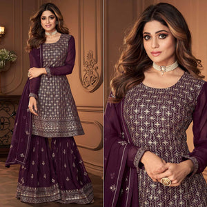 Wine Partywear Sequence Embroidered Georgette Sharara Suit - Peachmode