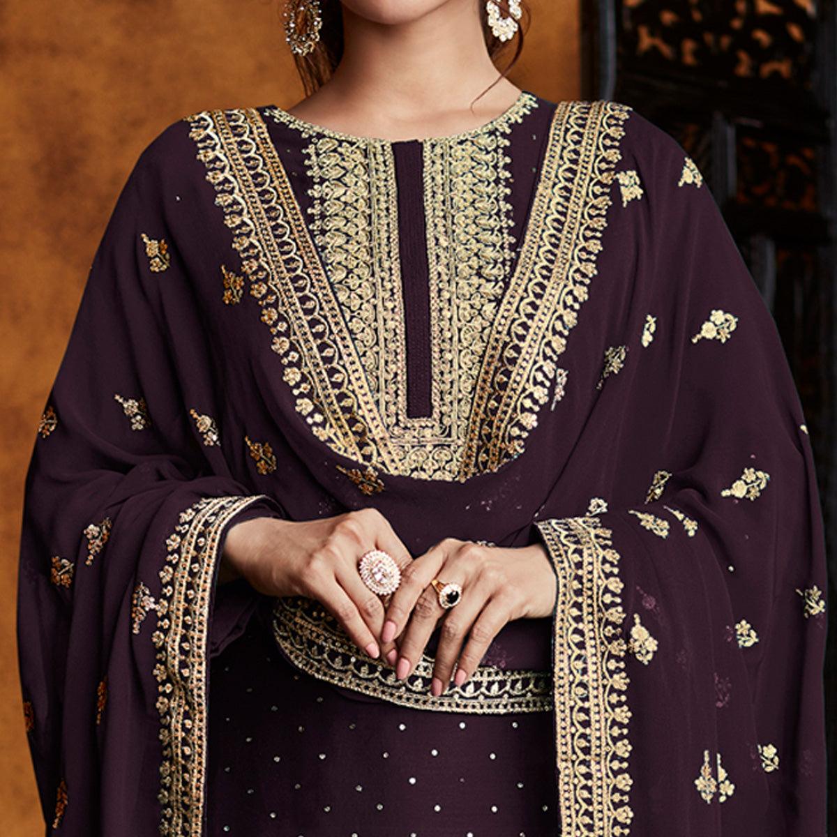 Wine Partywear Sequence Embroidered Real Georgette Palazzo Suit - Peachmode
