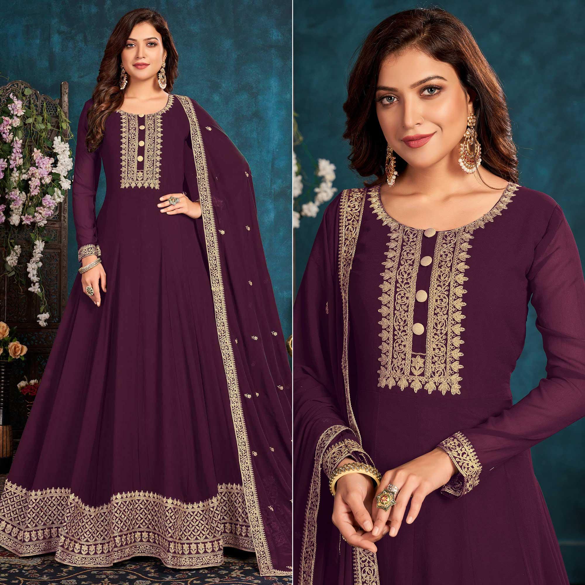 Wine Partywear Zari Embroidered Faux Georgette Anarkali Suit - Peachmode