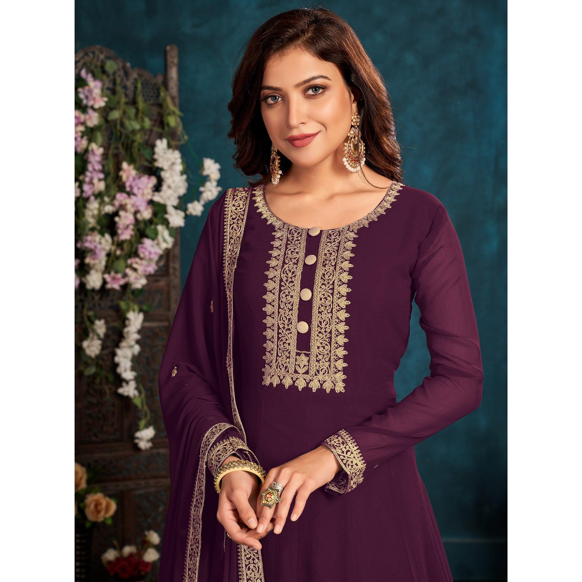Wine Partywear Zari Embroidered Faux Georgette Anarkali Suit - Peachmode