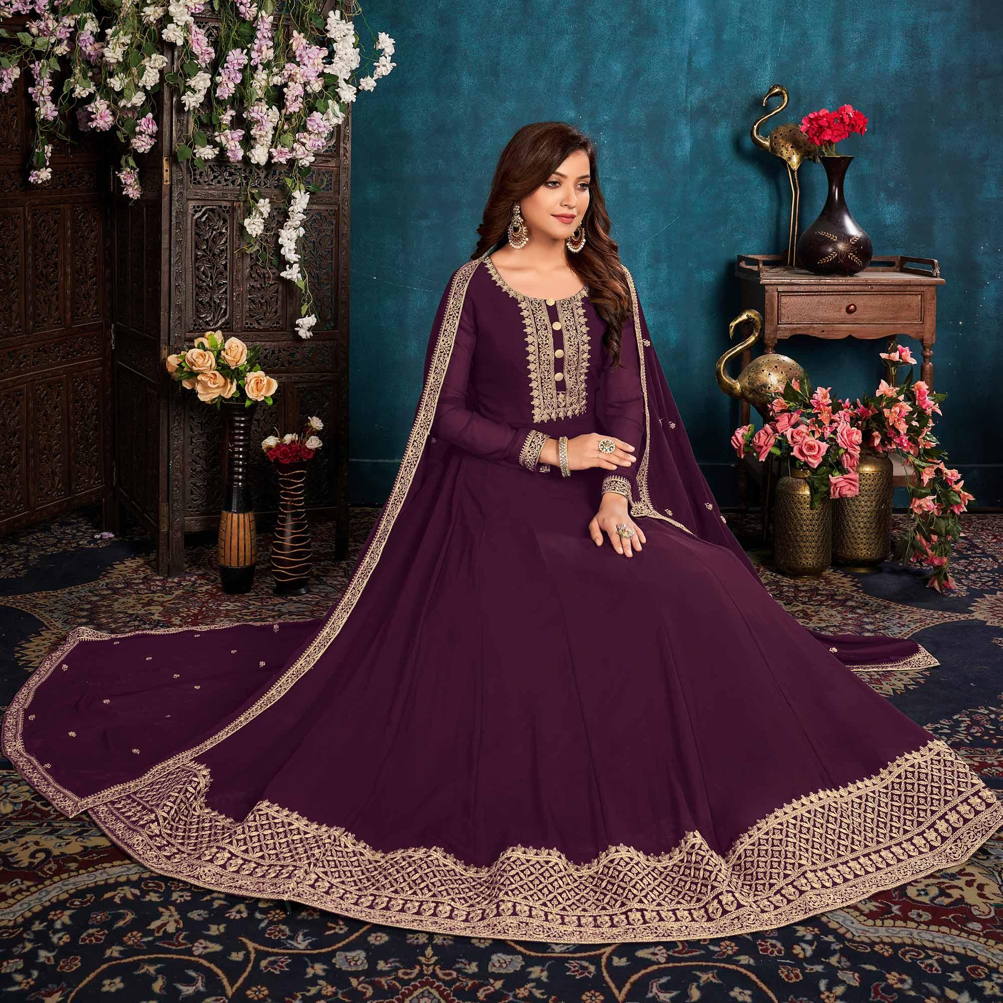 Wine Partywear Zari Embroidered Faux Georgette Anarkali Suit - Peachmode