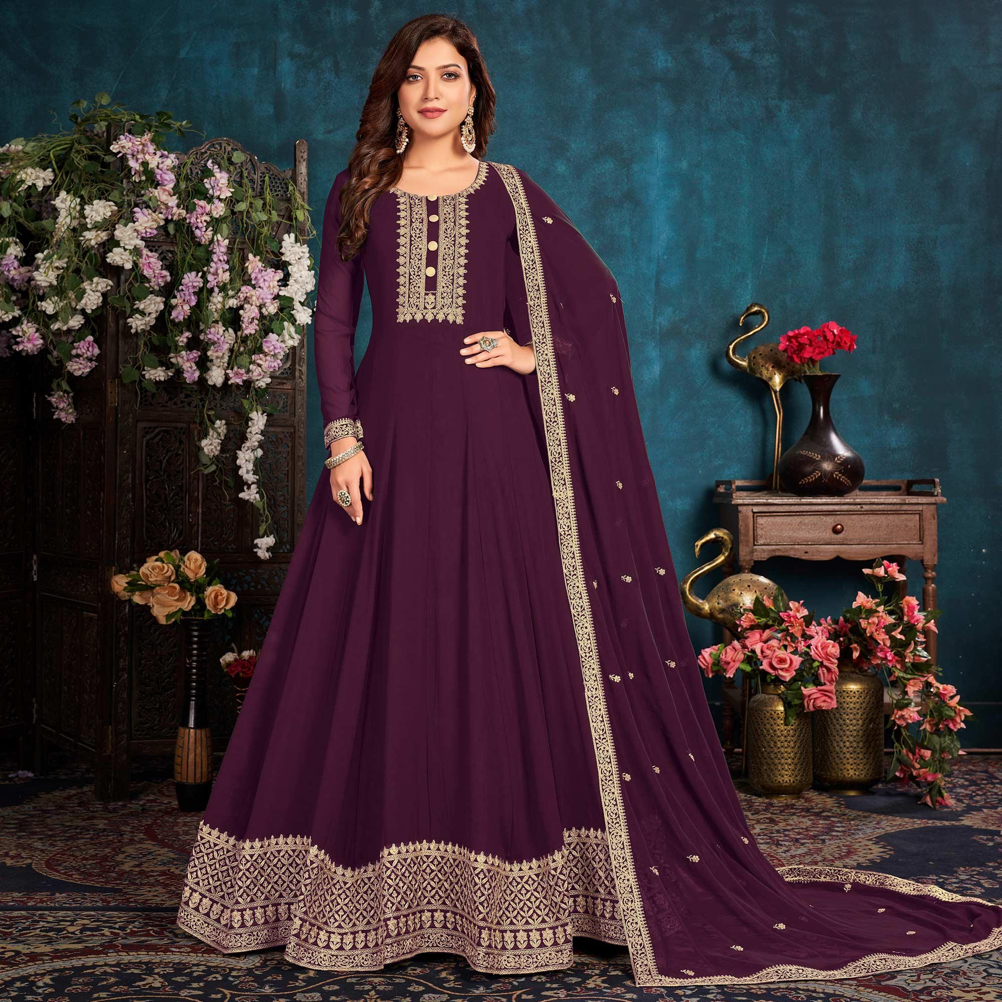 Wine Partywear Zari Embroidered Faux Georgette Anarkali Suit - Peachmode