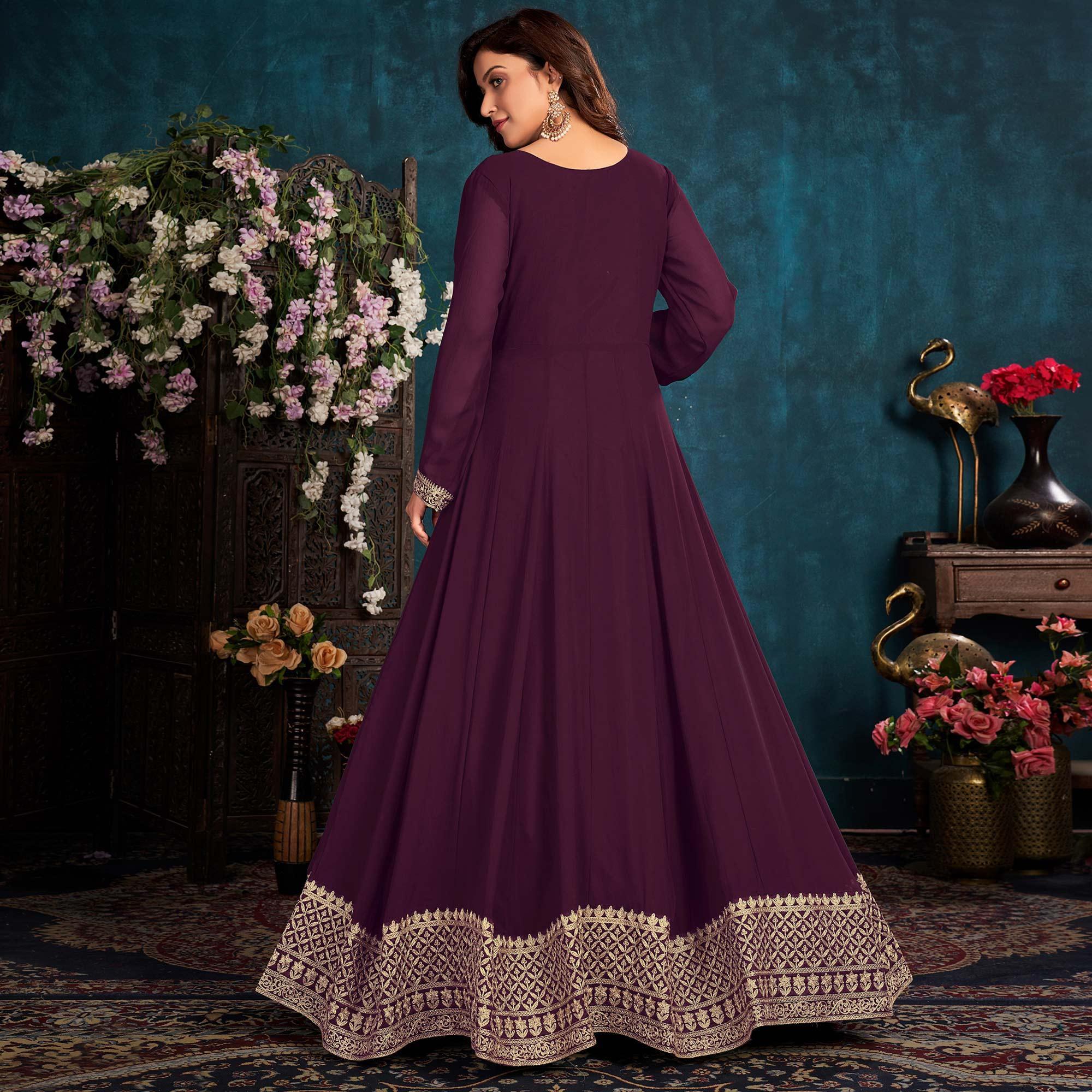 Wine Partywear Zari Embroidered Faux Georgette Anarkali Suit - Peachmode