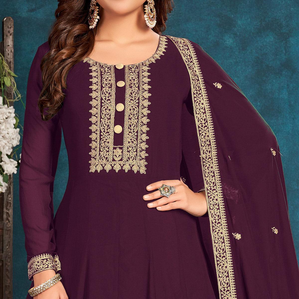 Wine Partywear Zari Embroidered Faux Georgette Anarkali Suit - Peachmode