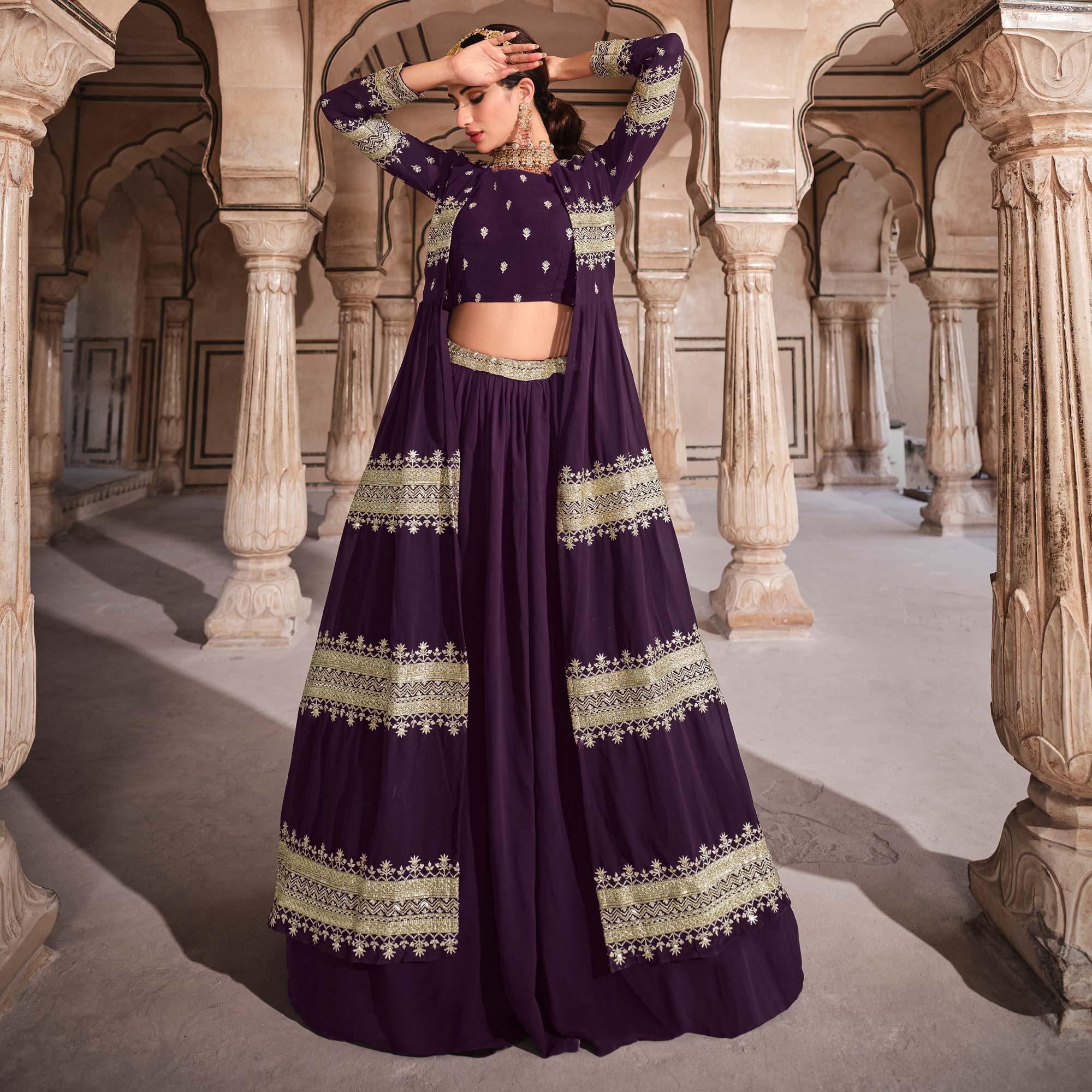 Wine Partywear Zari With Sequence Work Georgette Lehenga Choli - Peachmode