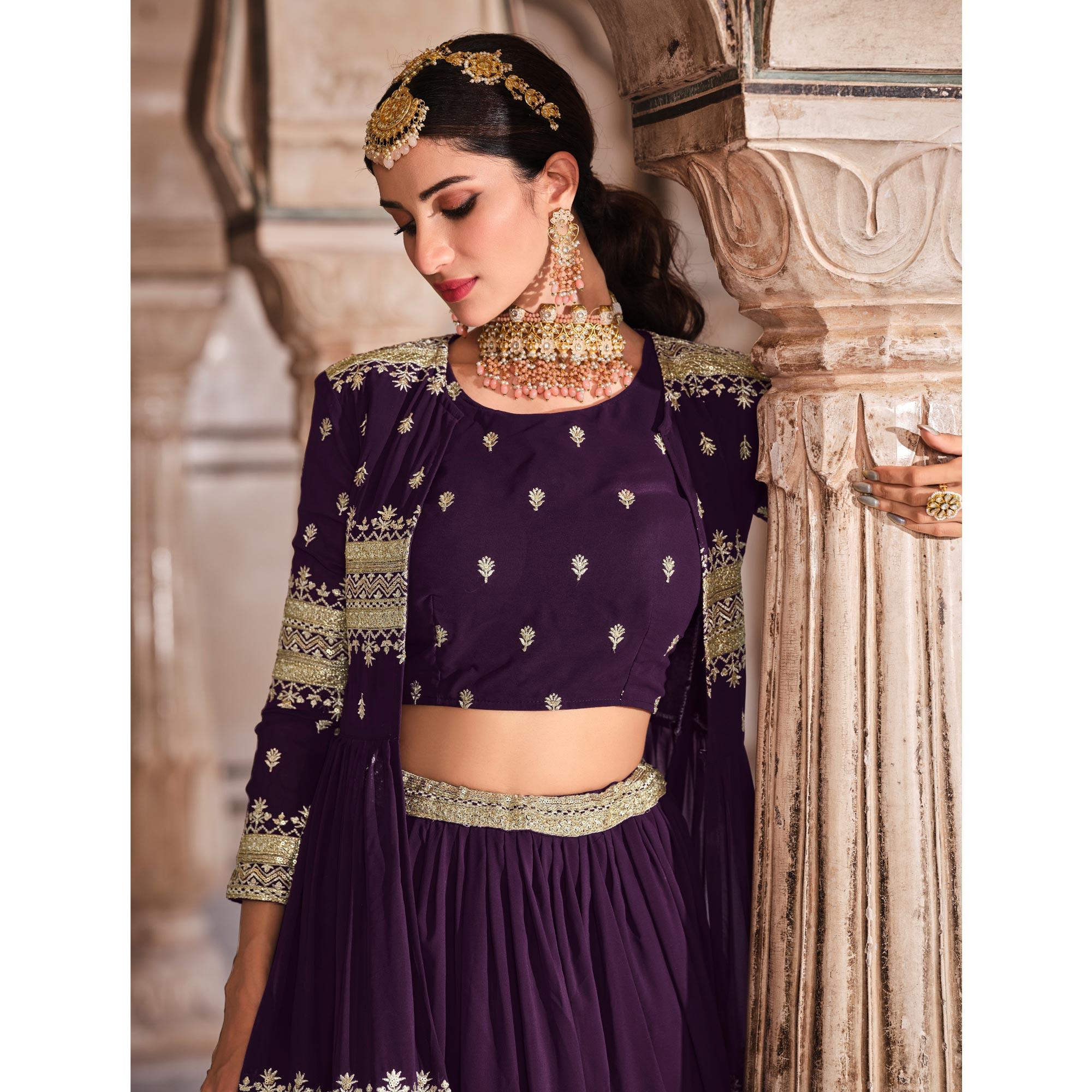 Wine Partywear Zari With Sequence Work Georgette Lehenga Choli - Peachmode