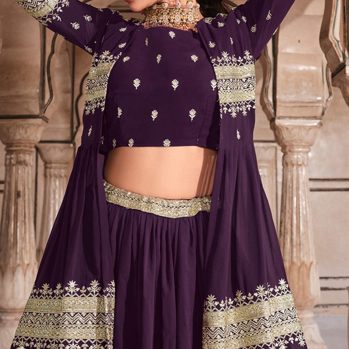 Wine Partywear Zari With Sequence Work Georgette Lehenga Choli - Peachmode