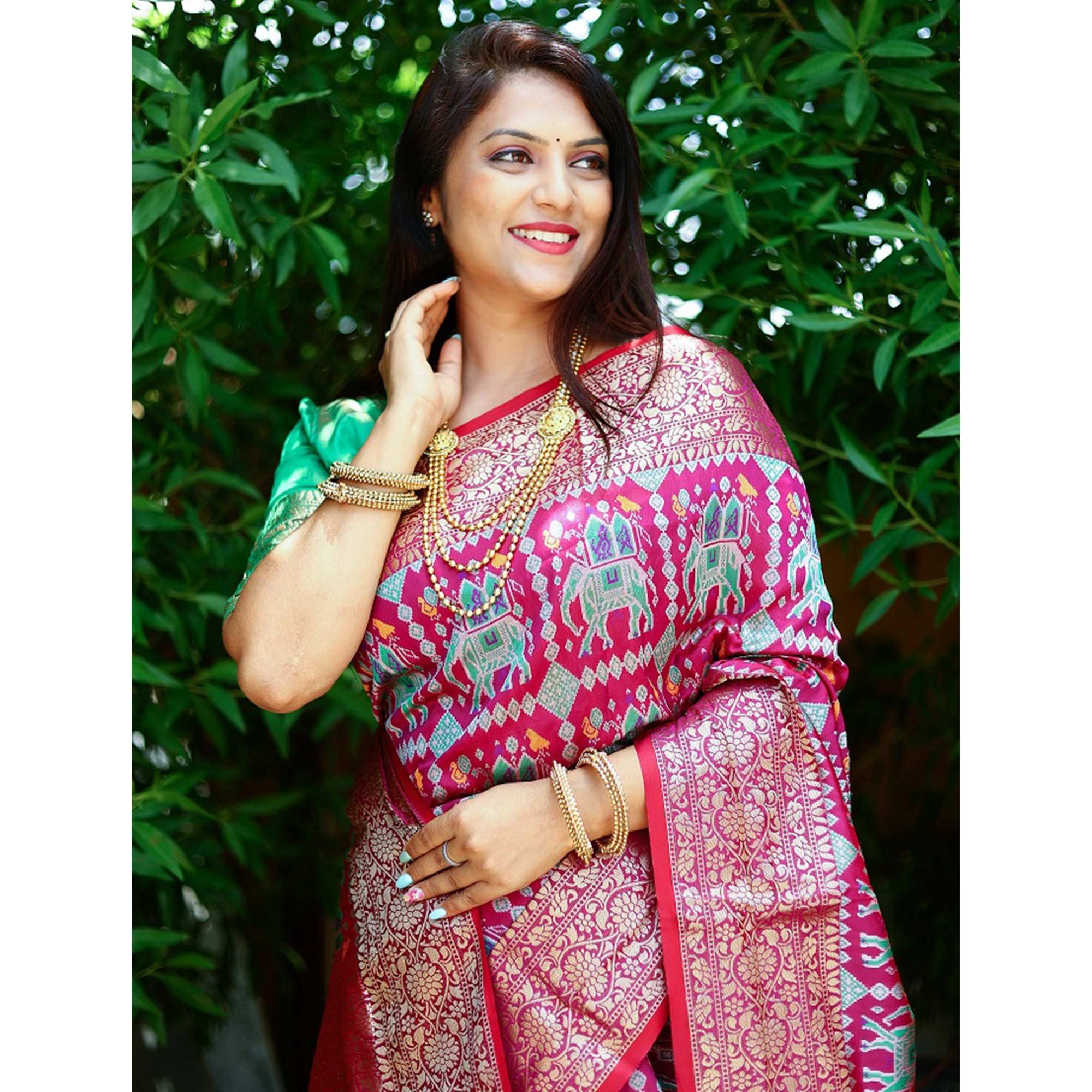 Wine Patola Printed Silk Saree - Peachmode