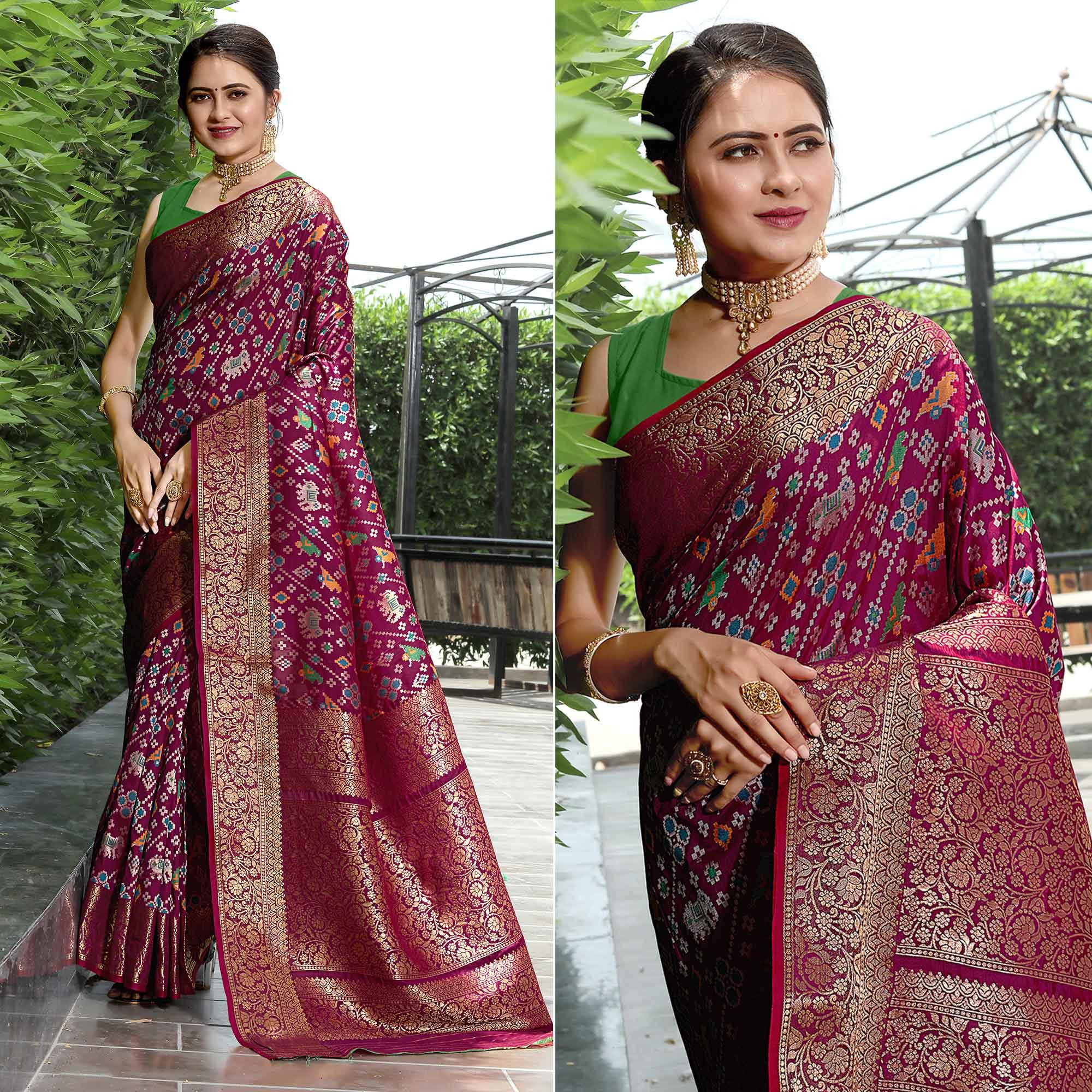 Wine Patola Printed With Woven Border Banarasi Silk Saree - Peachmode