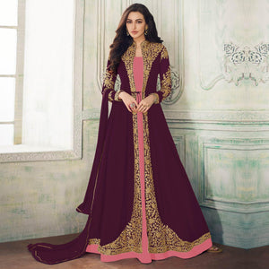 Wine - Pink Partywear Woven Georgette Gown - Peachmode