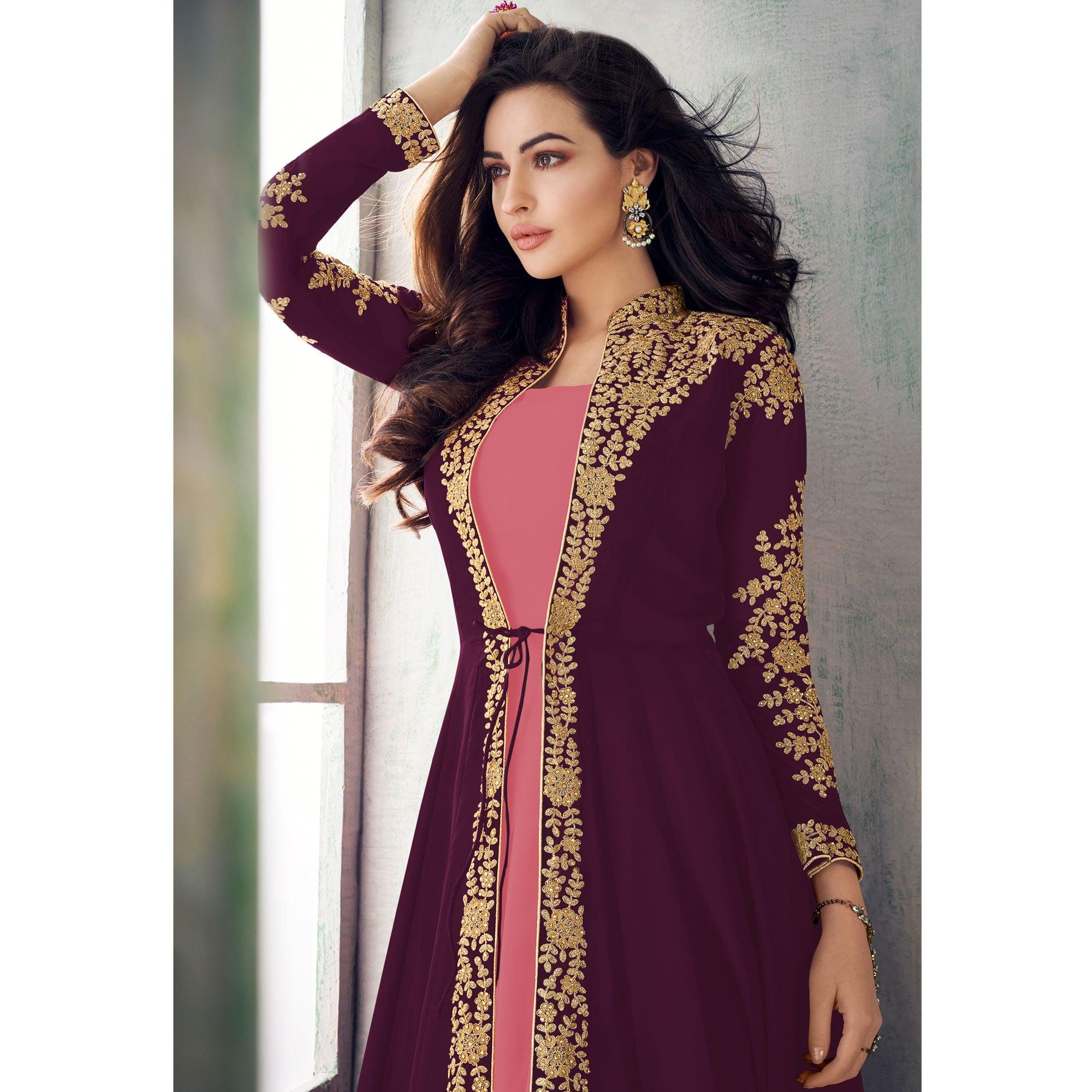Wine - Pink Partywear Woven Georgette Gown - Peachmode