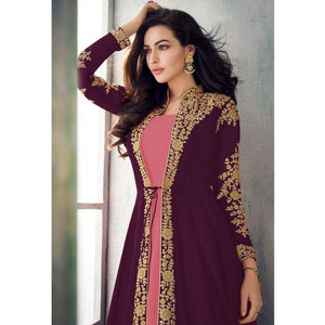 Wine - Pink Partywear Woven Georgette Gown - Peachmode