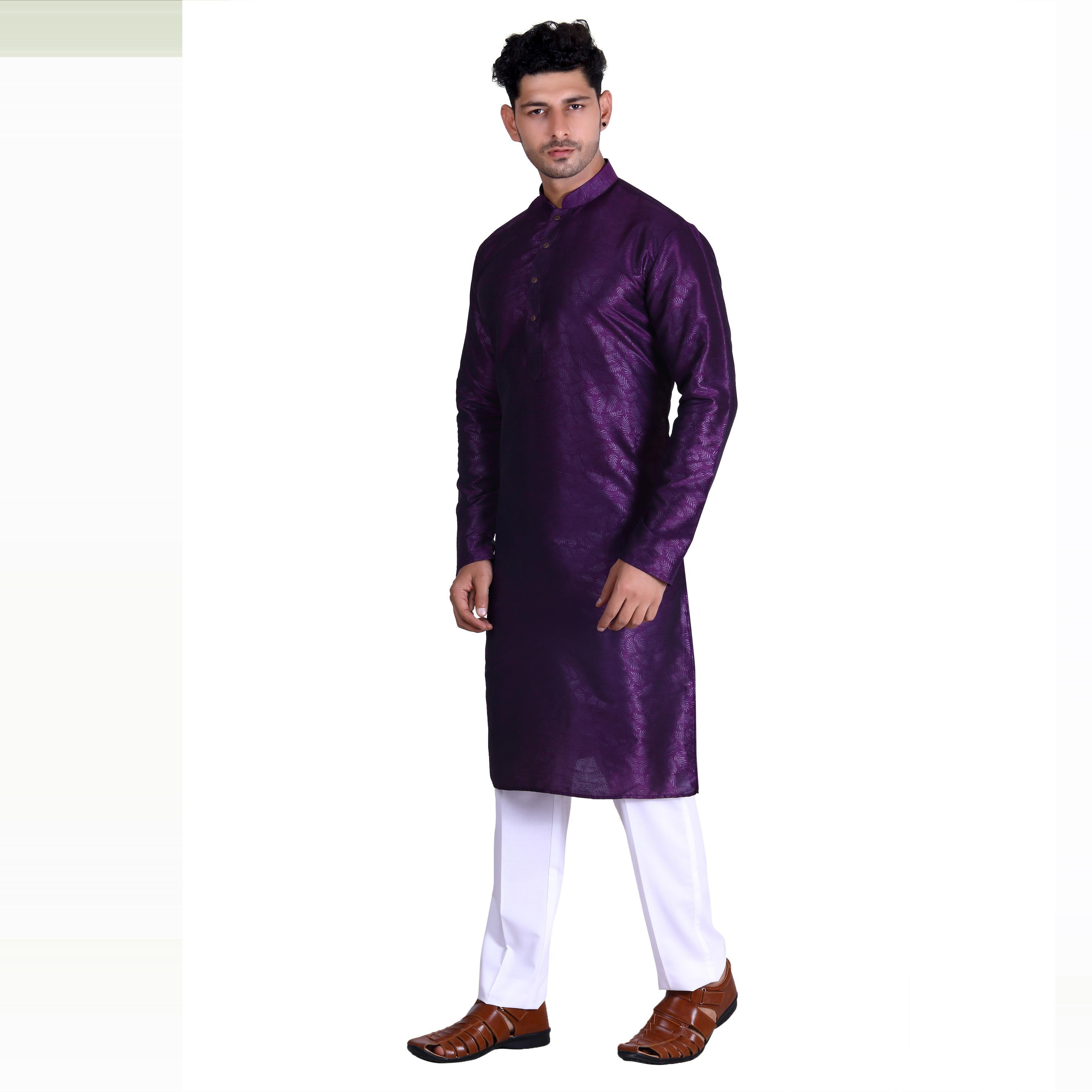 Wine Printed Art Silk Men's Kurta Pyjama Set - Peachmode