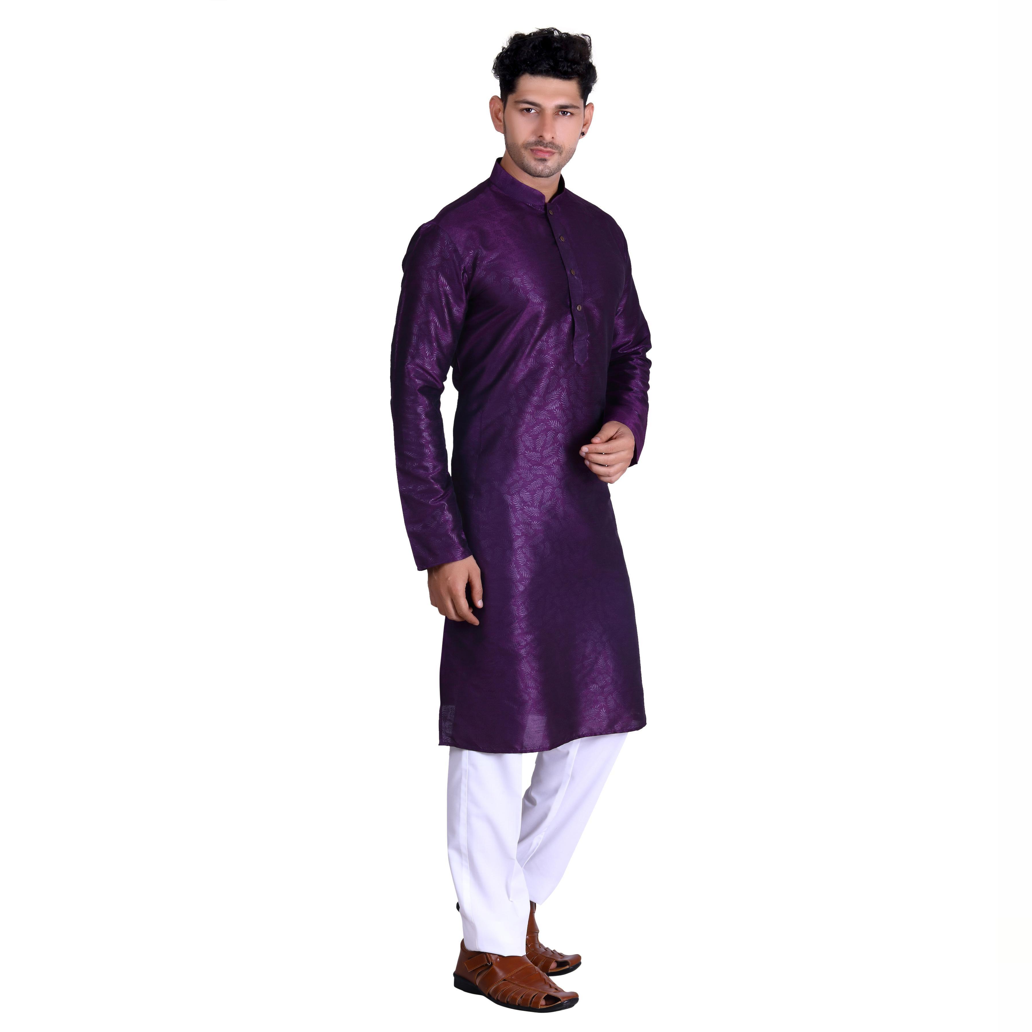 Wine Printed Art Silk Men's Kurta Pyjama Set - Peachmode