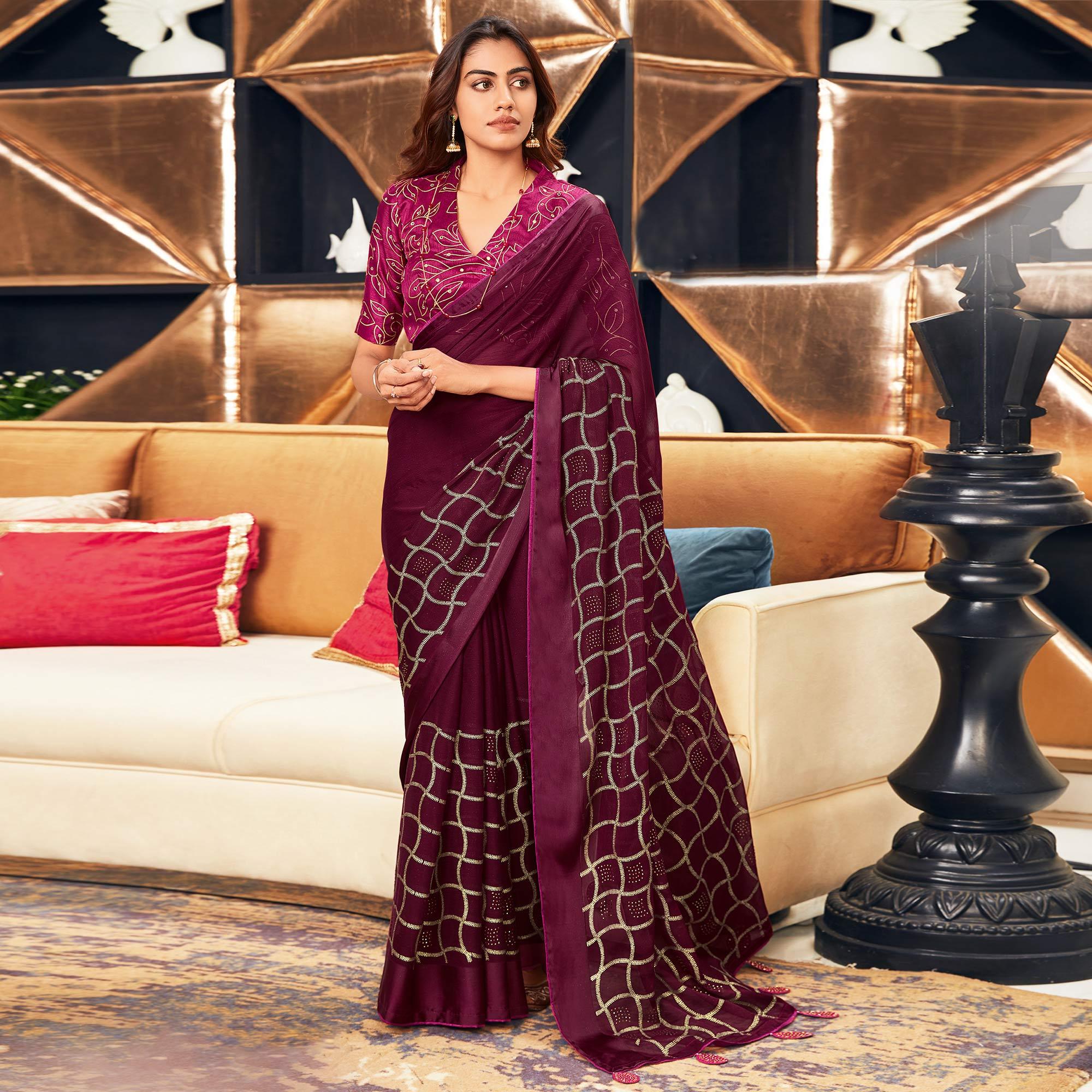Wine Printed Art Silk Saree With Tassels - Peachmode