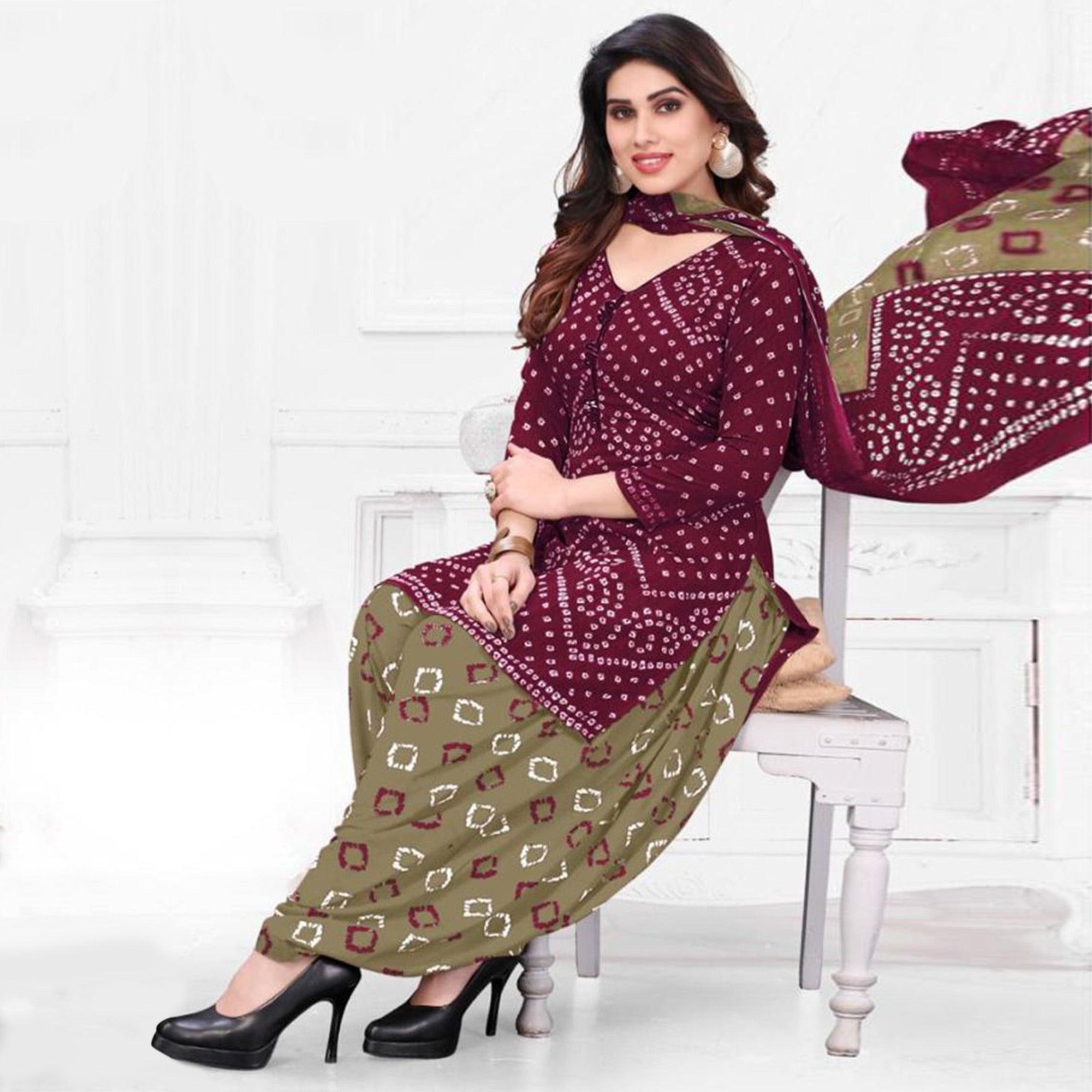 Wine Printed Crepe Patiala Dress Material - Peachmode