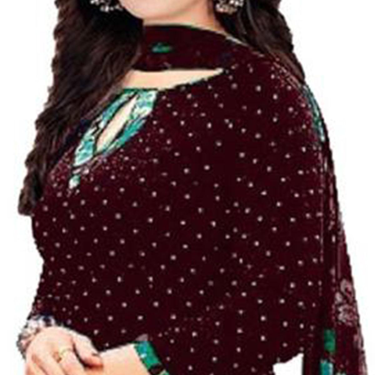 Wine Printed Crepe Patiala Dress Material - Peachmode