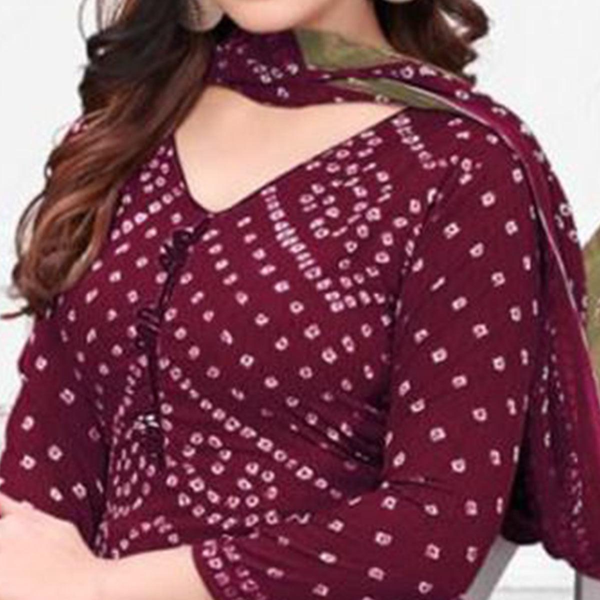 Wine Printed Crepe Patiala Dress Material - Peachmode