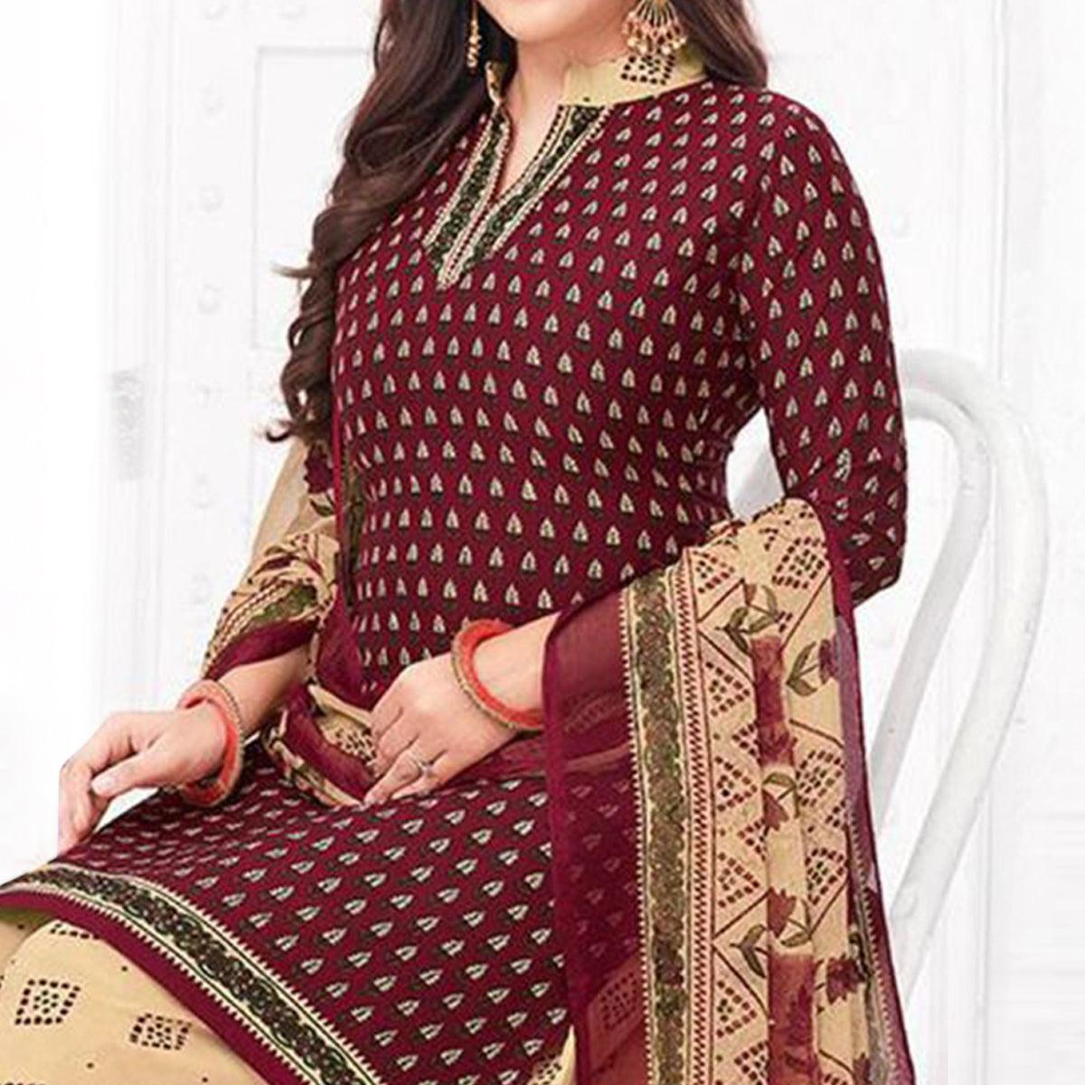 Wine Printed Crepe Patiala Dress Material - Peachmode