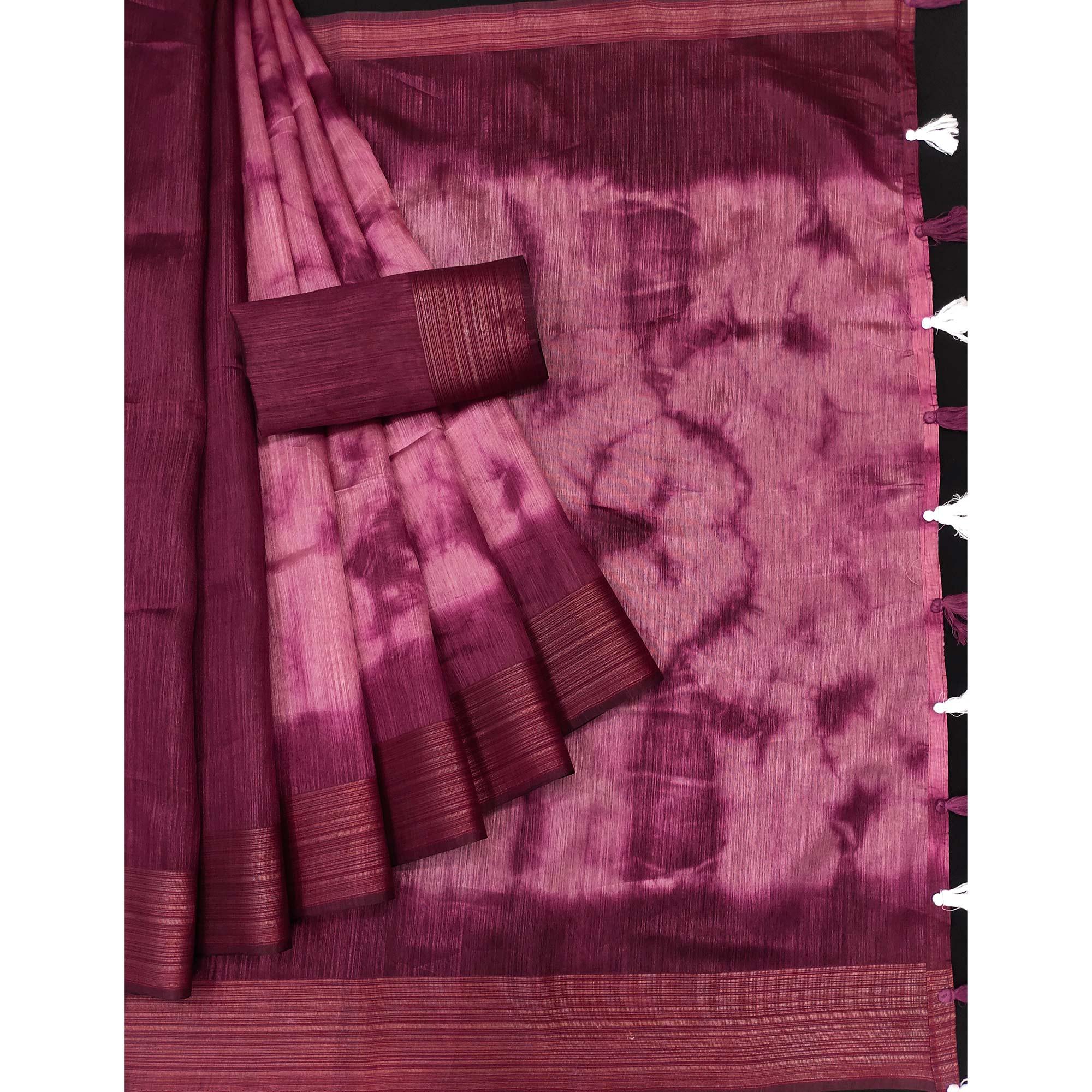 Wine Printed Poly Cotton Saree With Tassels - Peachmode