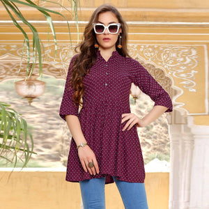 Wine Printed Poly Cotton Top - Peachmode