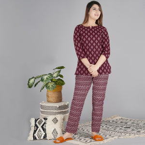 Wine Printed Pure Cotton Night Suit - Peachmode
