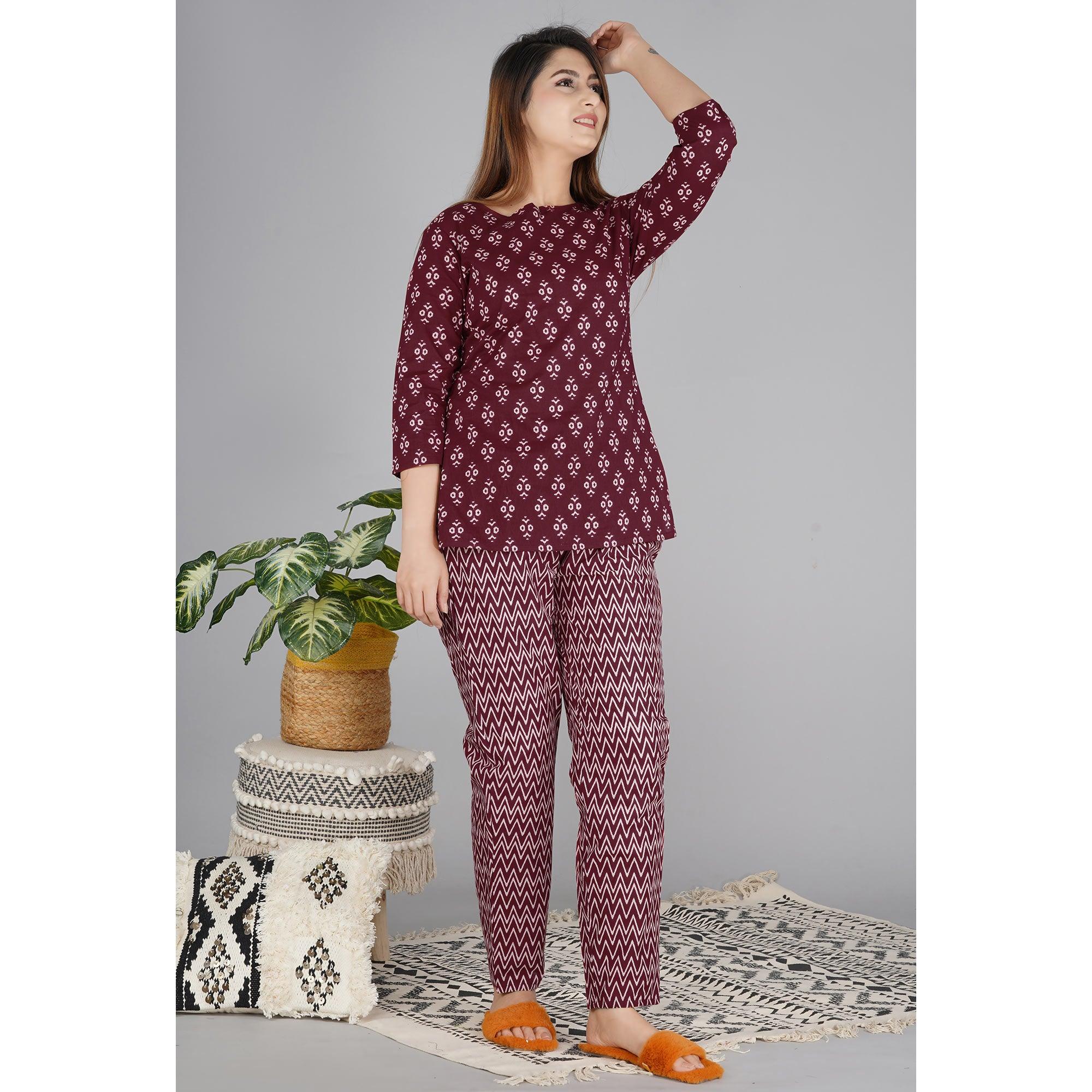 Wine Printed Pure Cotton Night Suit - Peachmode