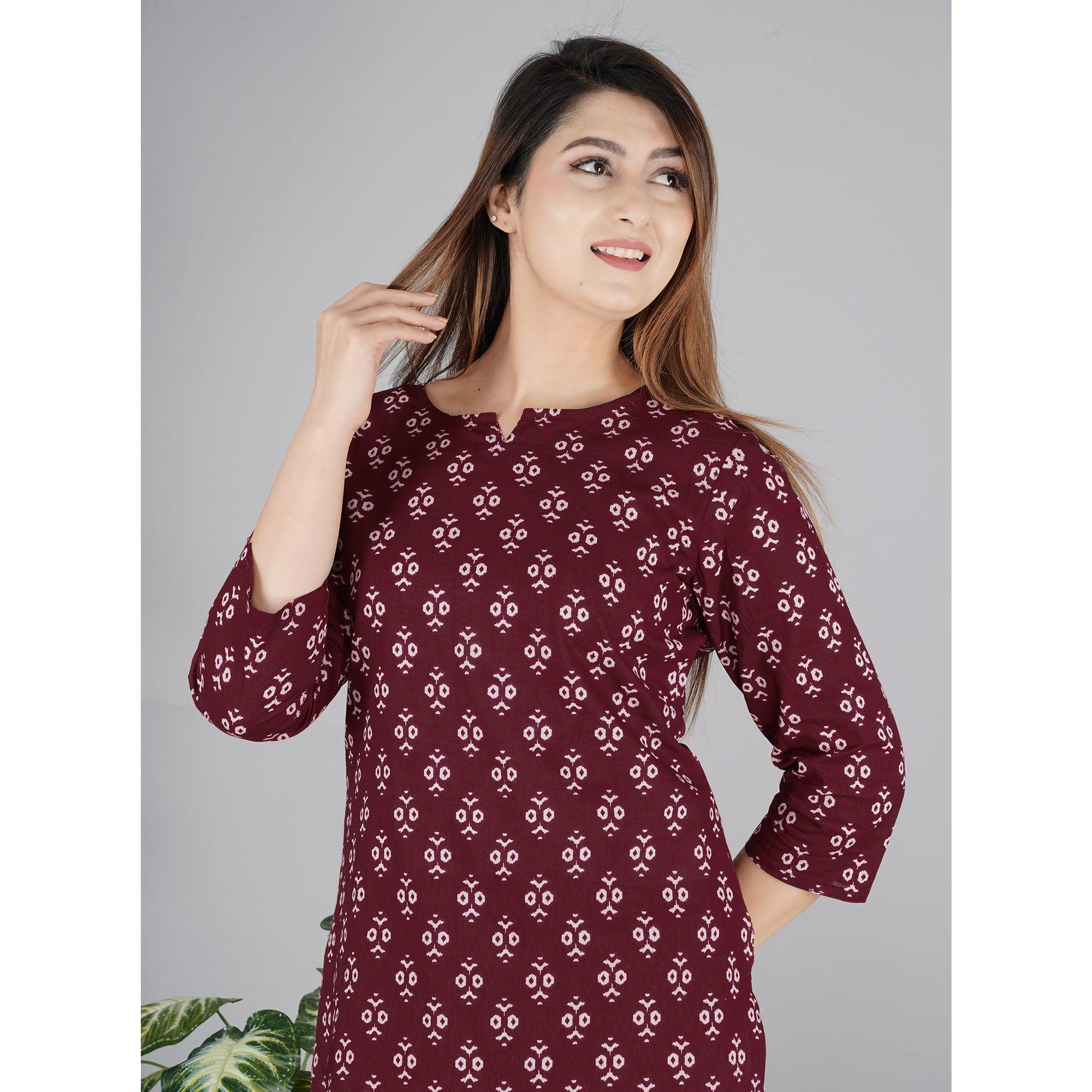 Wine Printed Pure Cotton Night Suit - Peachmode