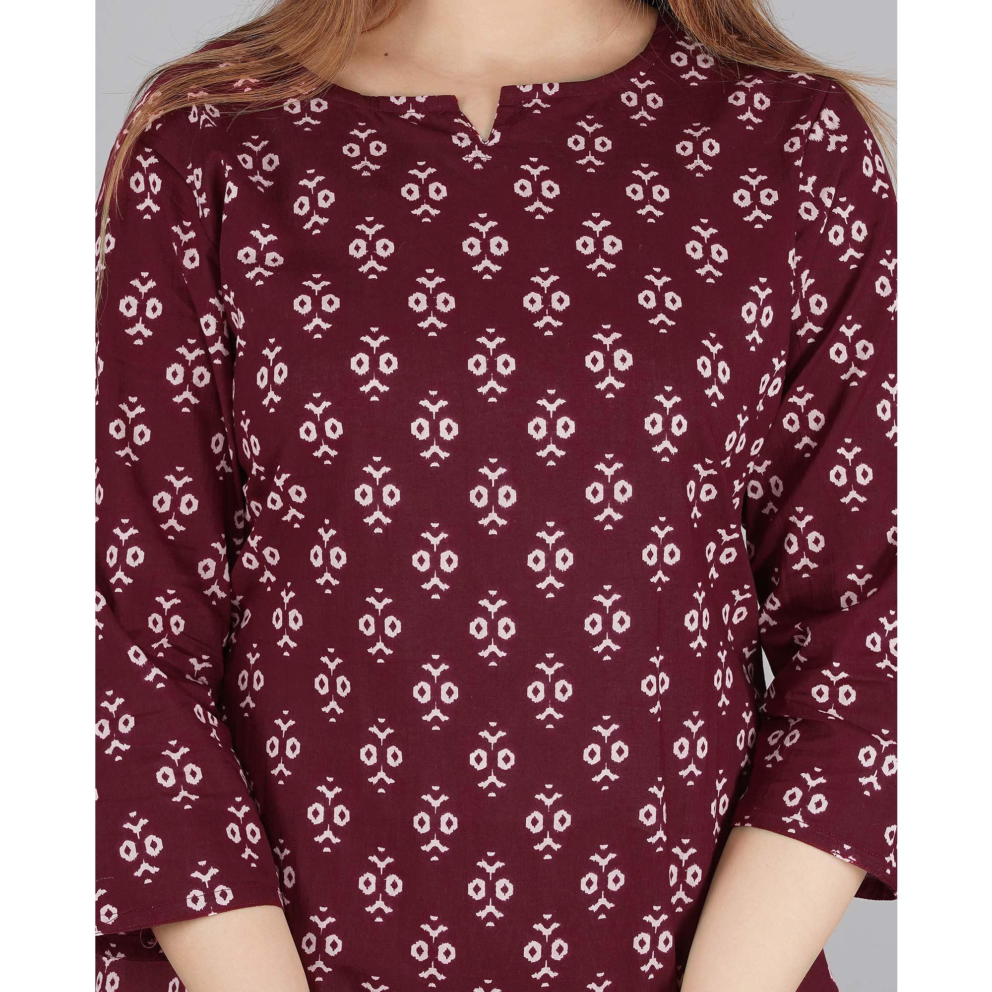 Wine Printed Pure Cotton Night Suit - Peachmode