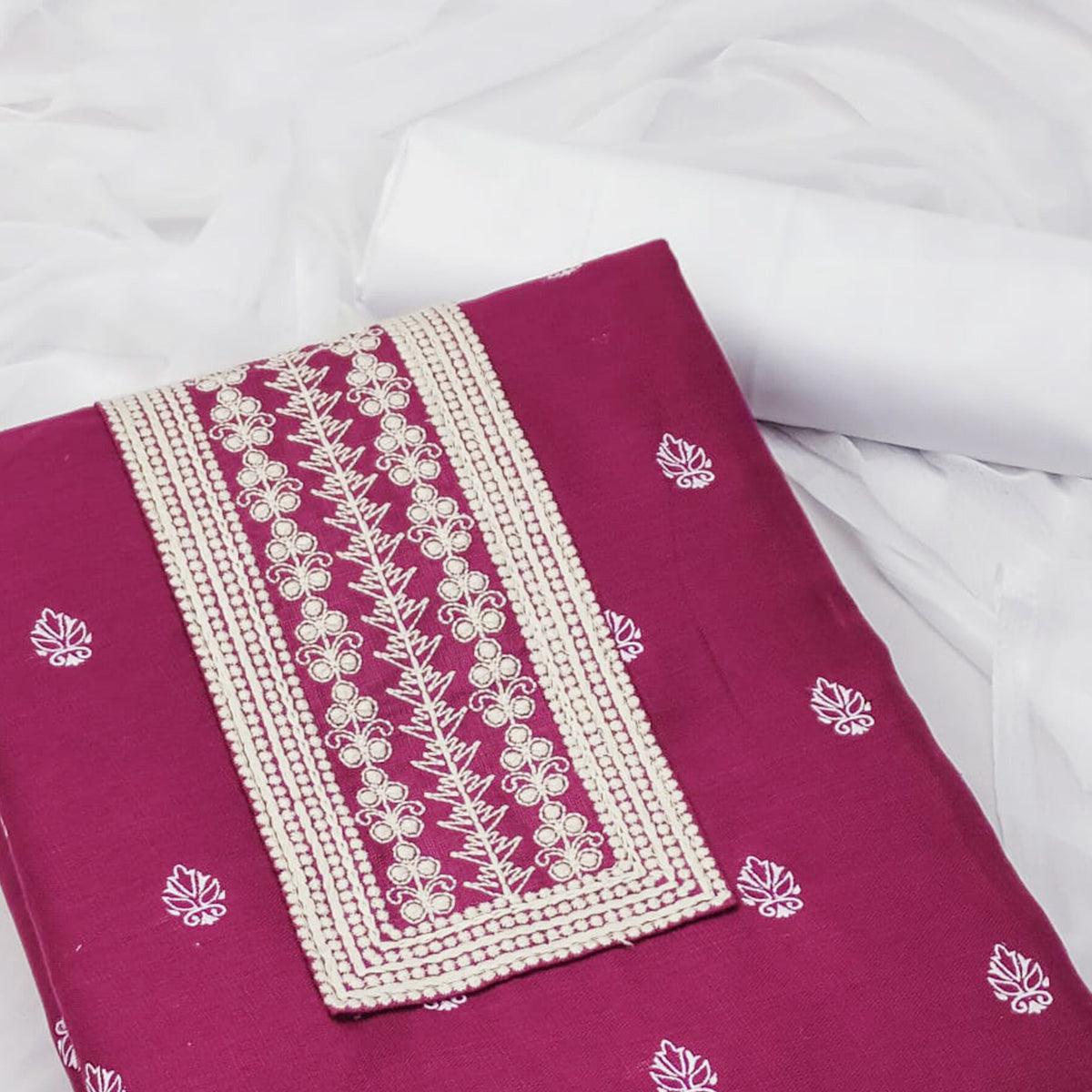 Wine Printed With Embroidered Cotton Blend Dress Material - Peachmode