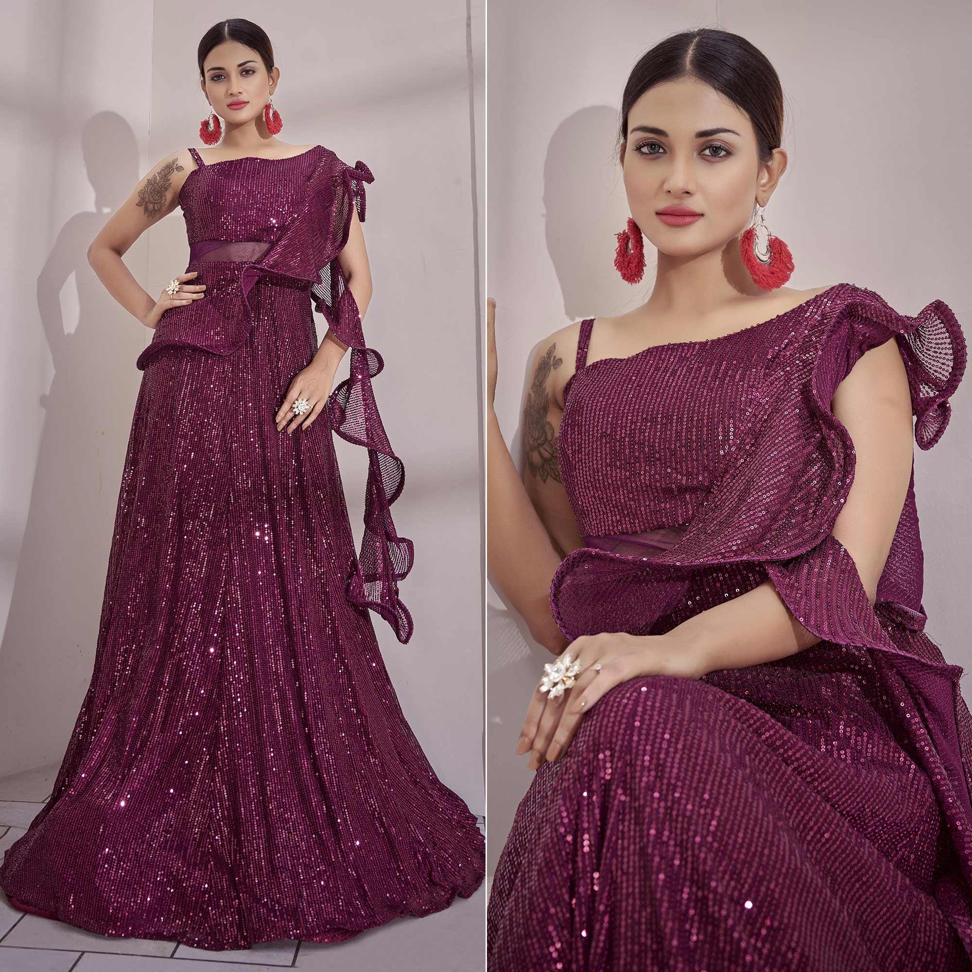 Wine Sequence Embroidered Art Silk Gown - Peachmode