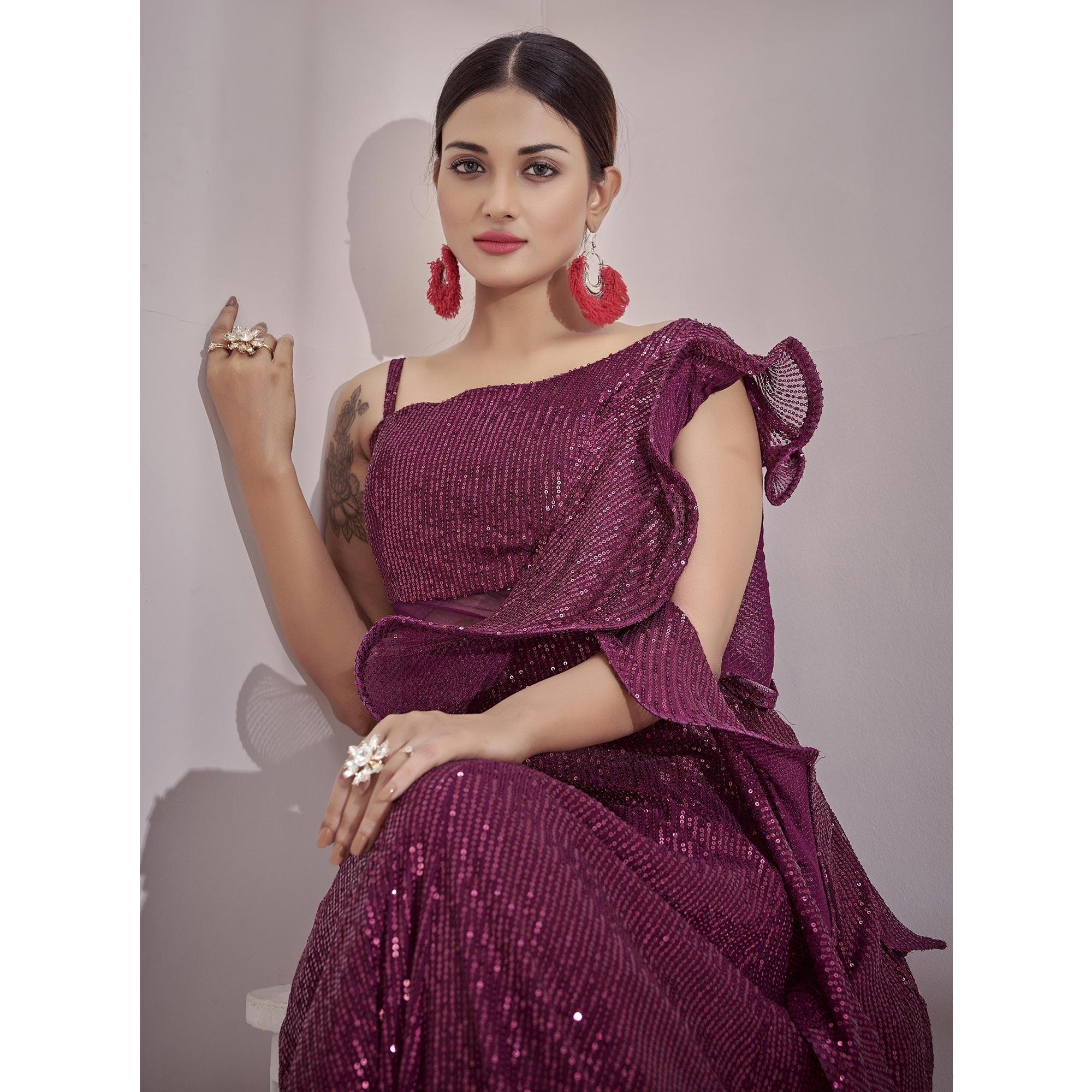 Wine Sequence Embroidered Art Silk Gown - Peachmode