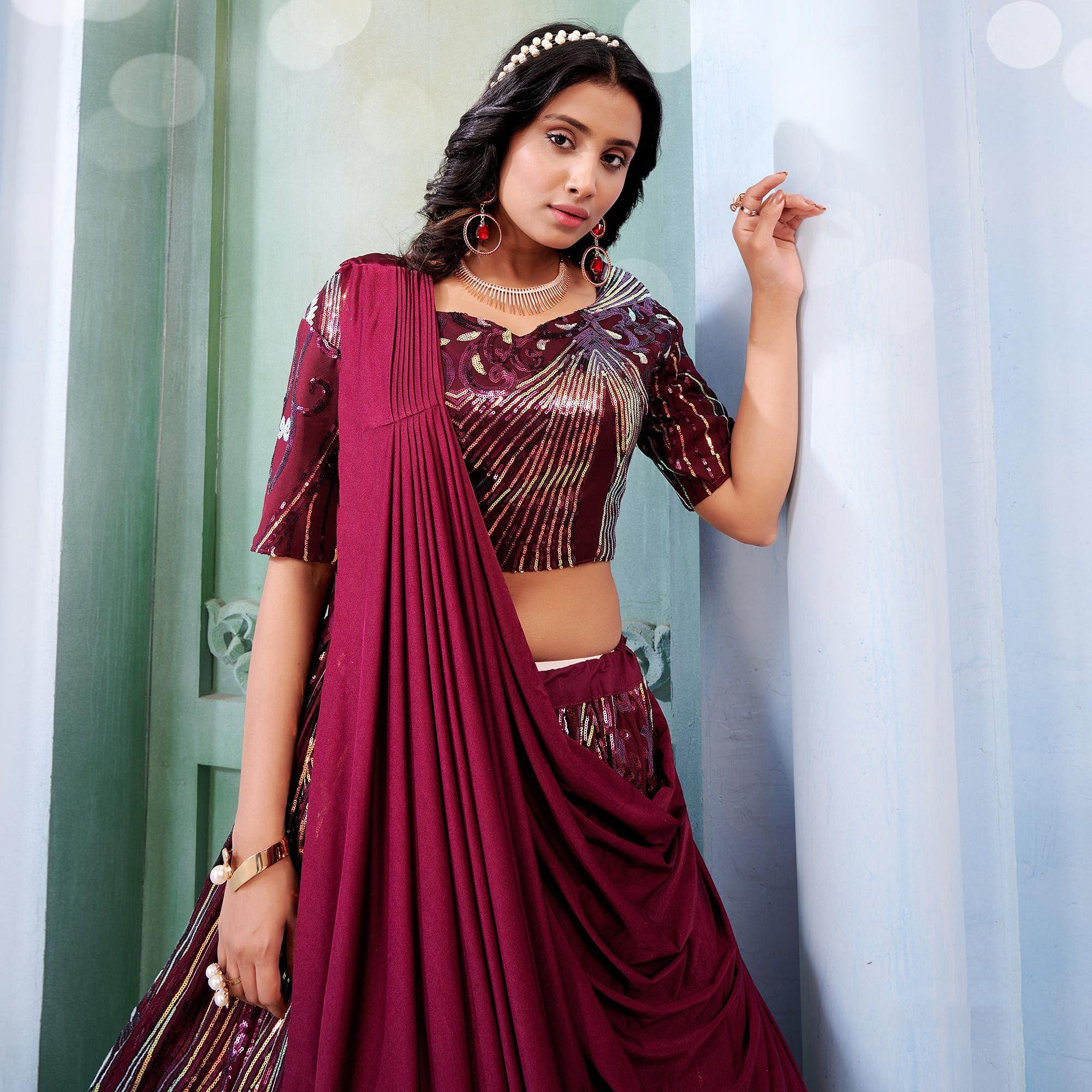 Wine Sequence Embroidered Art Silk Lehenga Choli - Peachmode