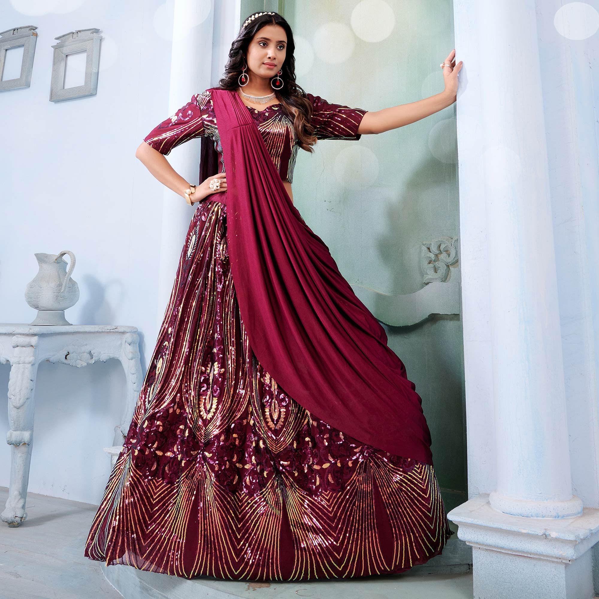 Wine Sequence Embroidered Art Silk Lehenga Choli - Peachmode