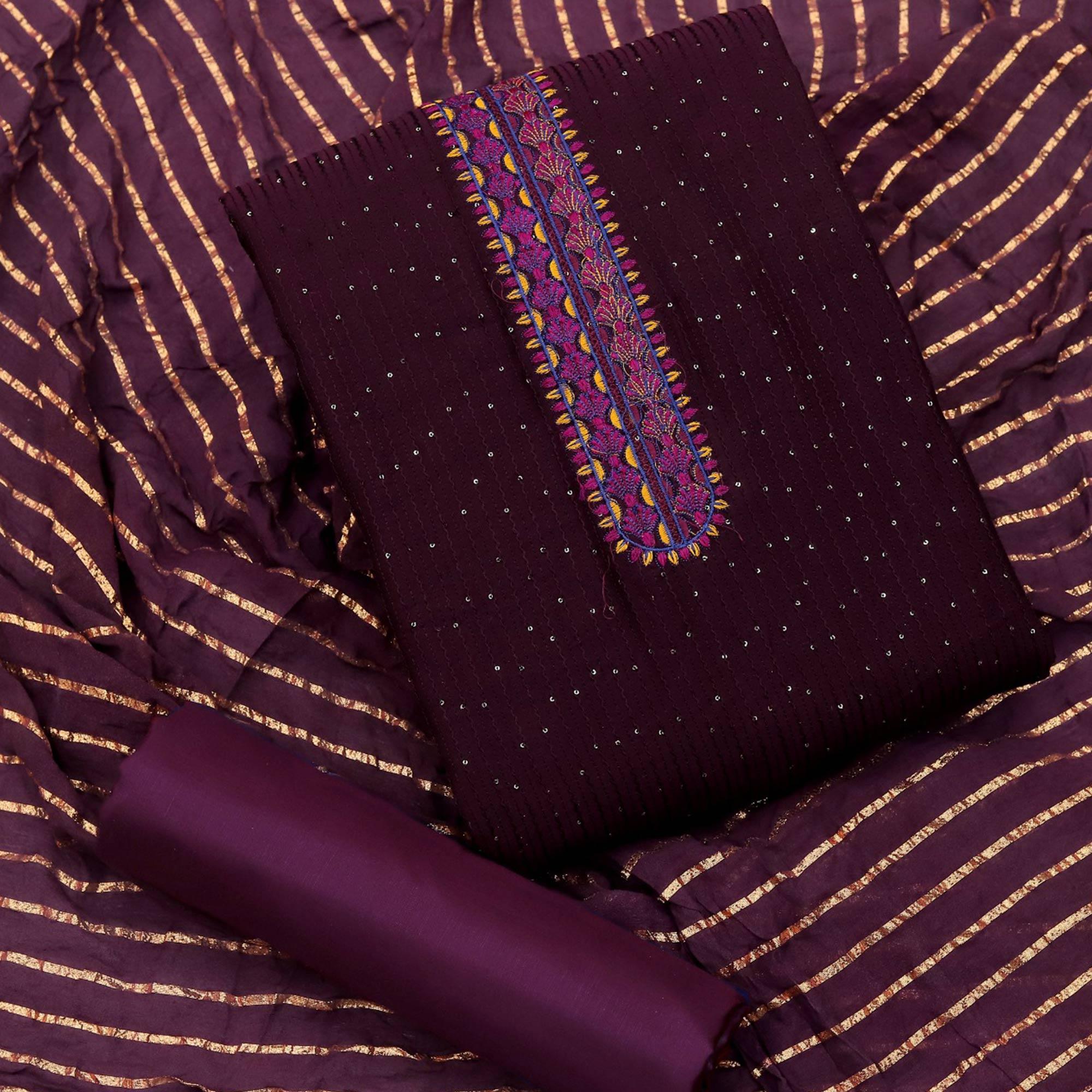 Wine Sequence Embroidered Chanderi Dress Material - Peachmode