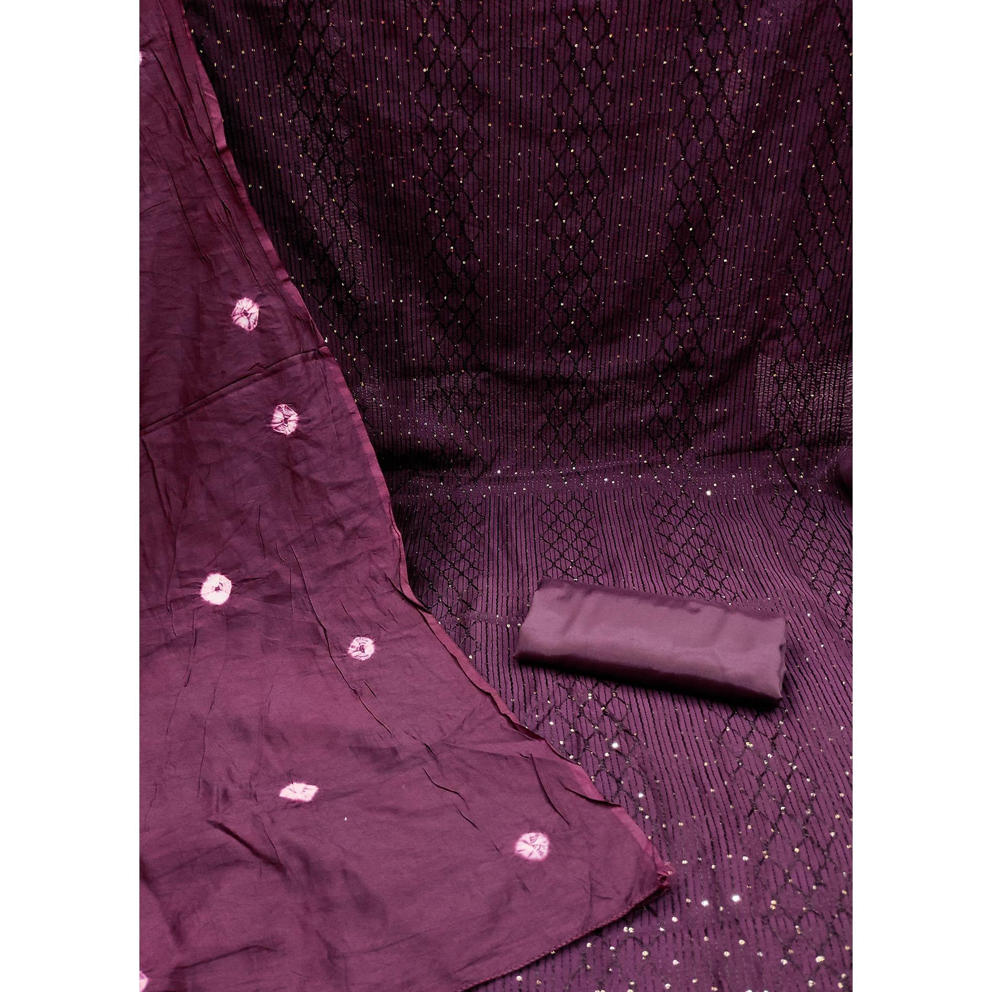 Wine Sequence Embroidered Chanderi Dress Material - Peachmode