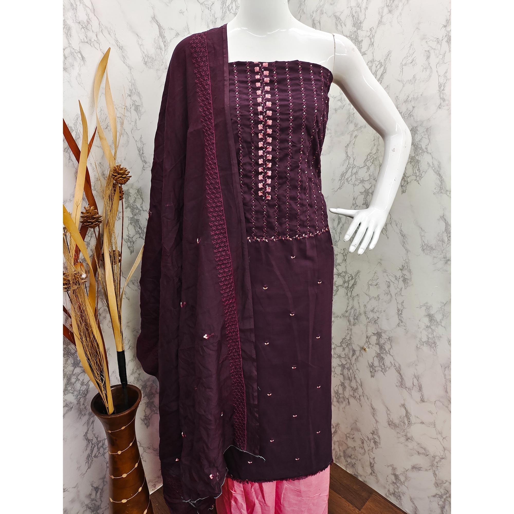 Wine Sequence Embroidered Cotton Silk Dress Material - Peachmode