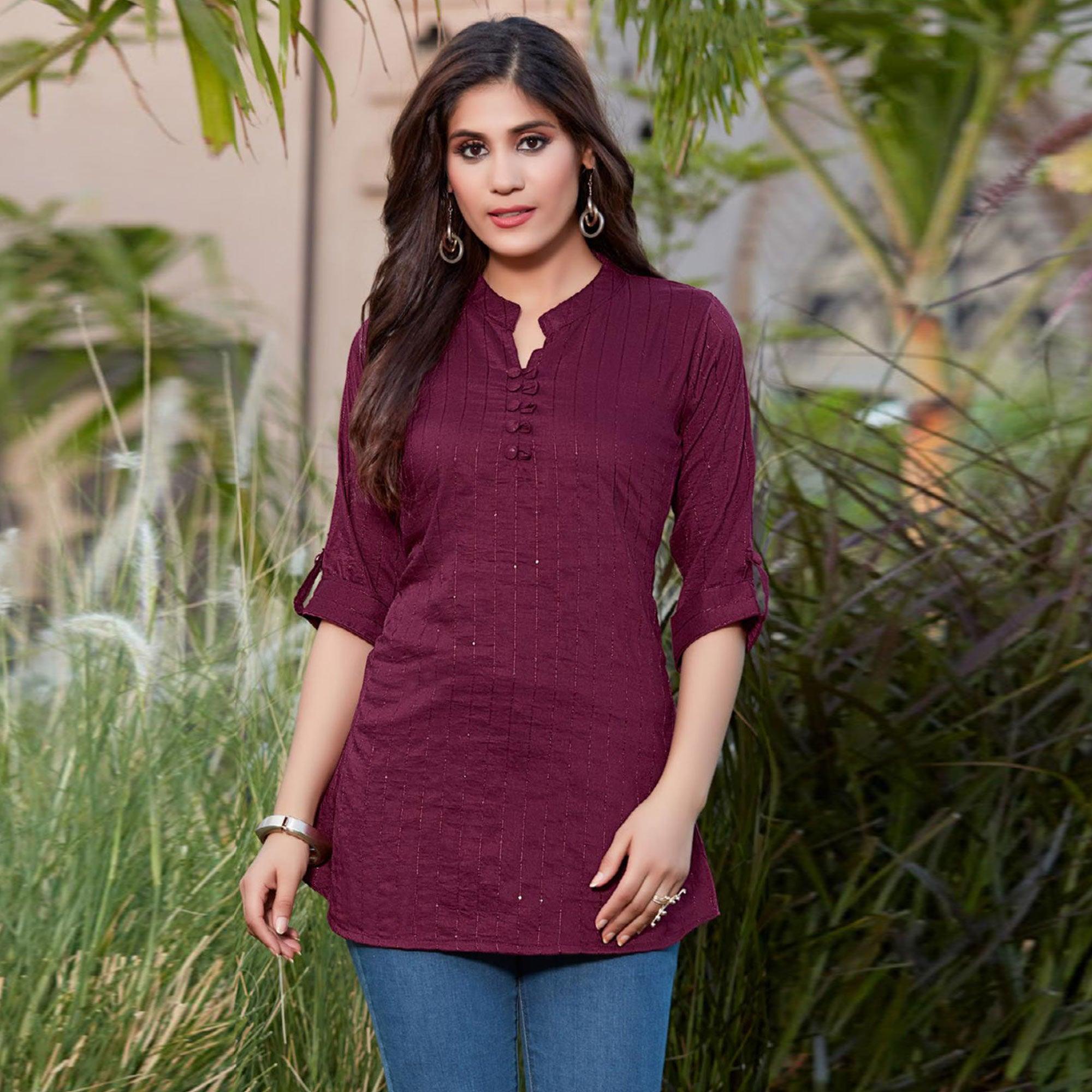 Wine Sequence Embroidered Cotton Silk Top - Peachmode