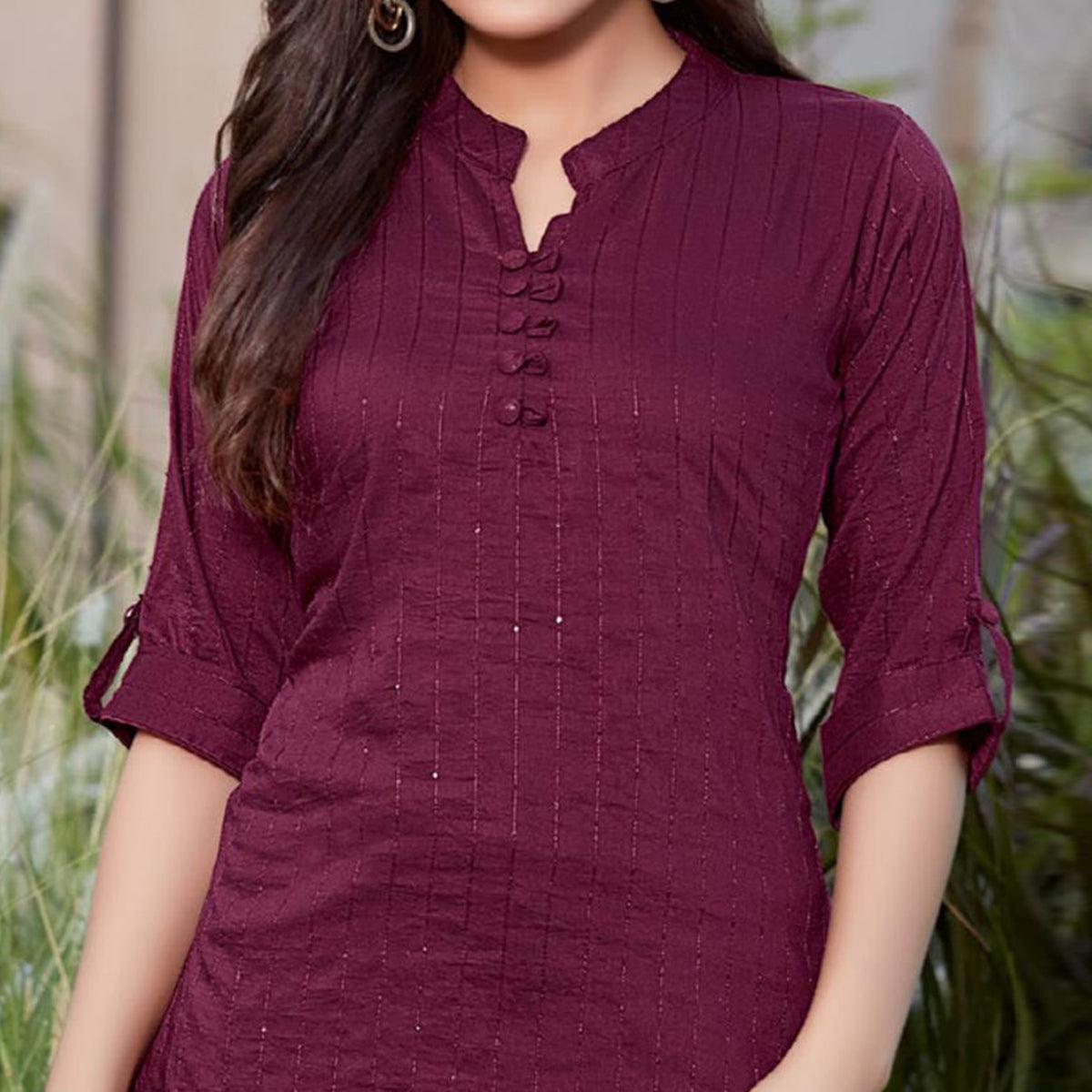 Wine Sequence Embroidered Cotton Silk Top - Peachmode