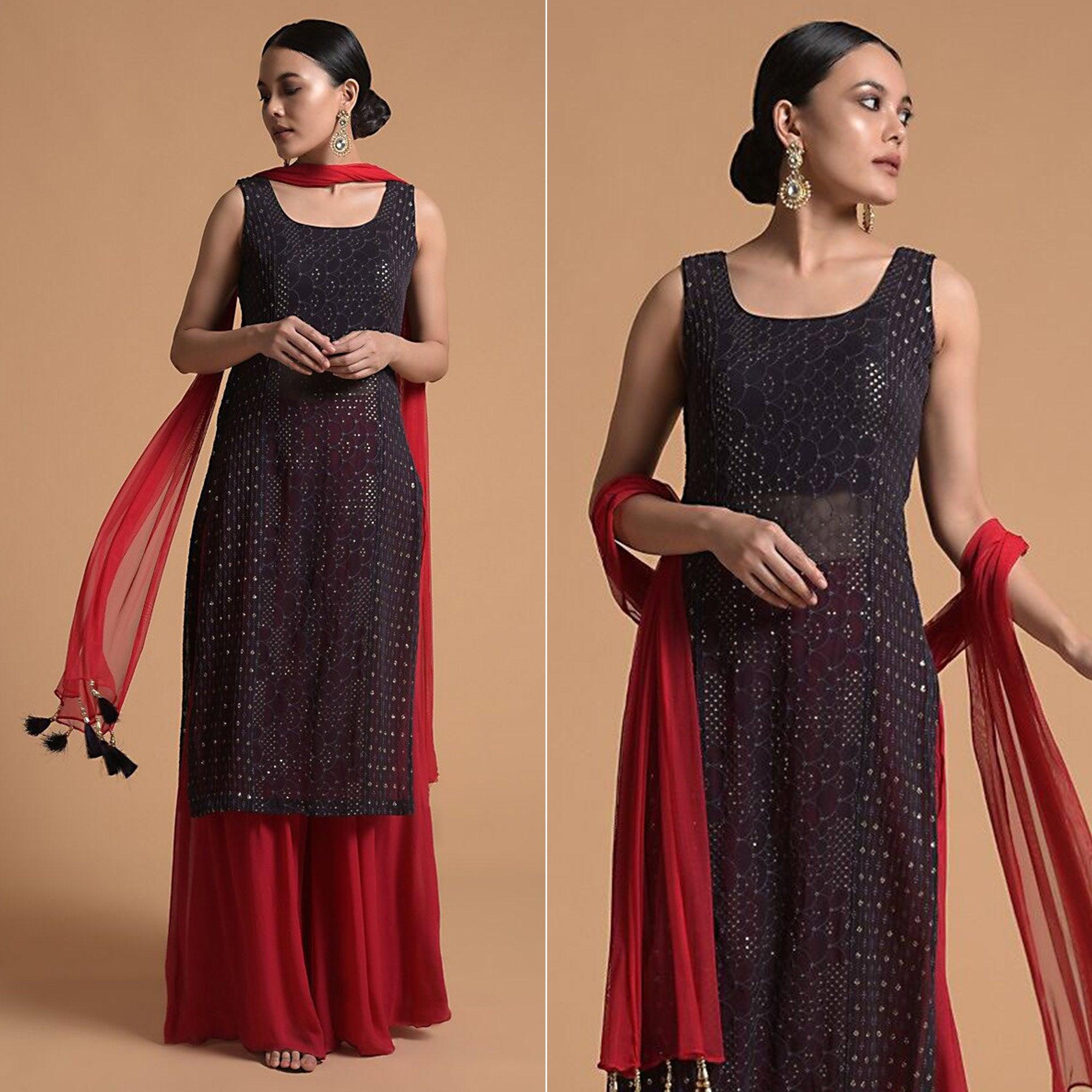 Wine Sequence Embroidered Georgette Kurti Palazzo Set - Peachmode