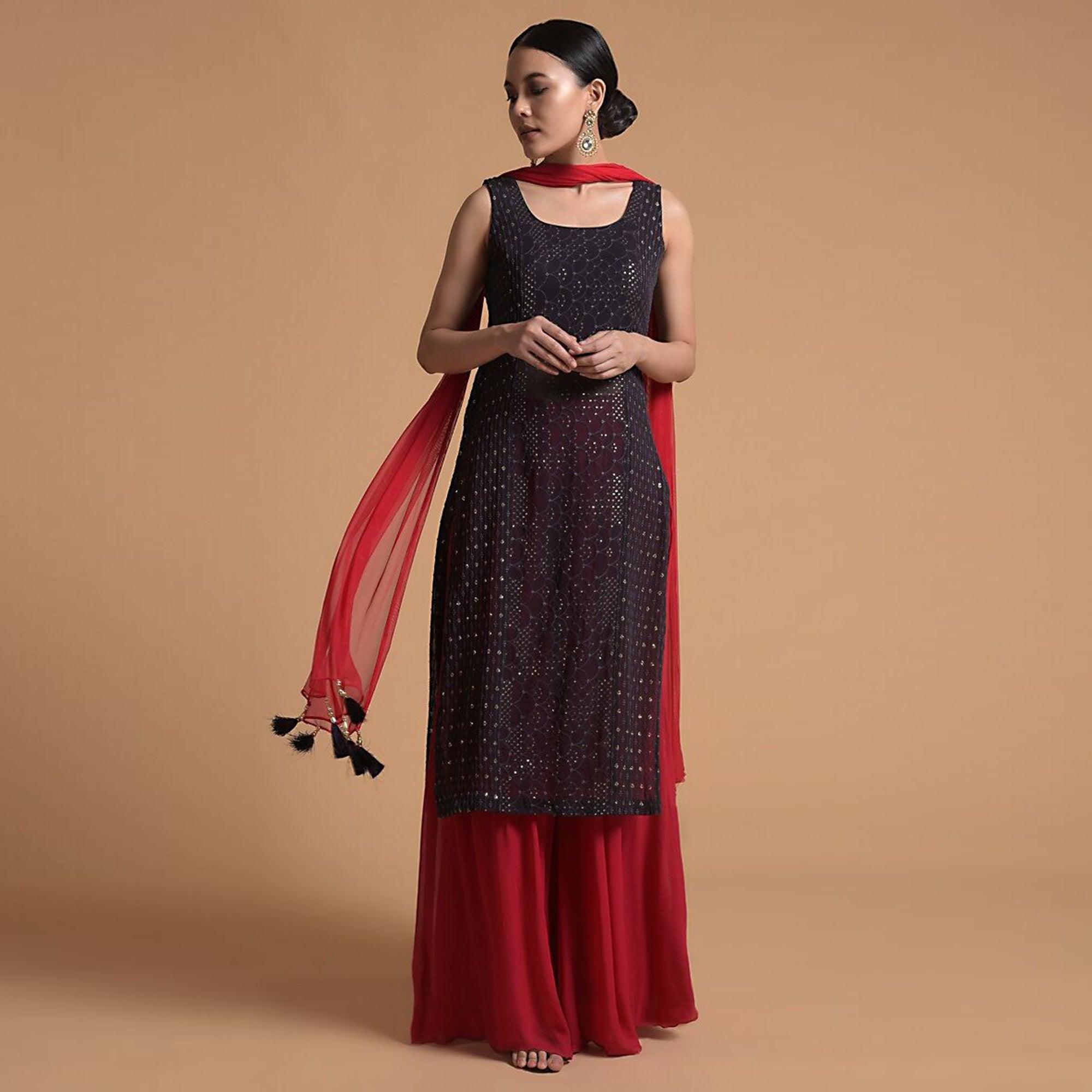 Wine Sequence Embroidered Georgette Kurti Palazzo Set - Peachmode