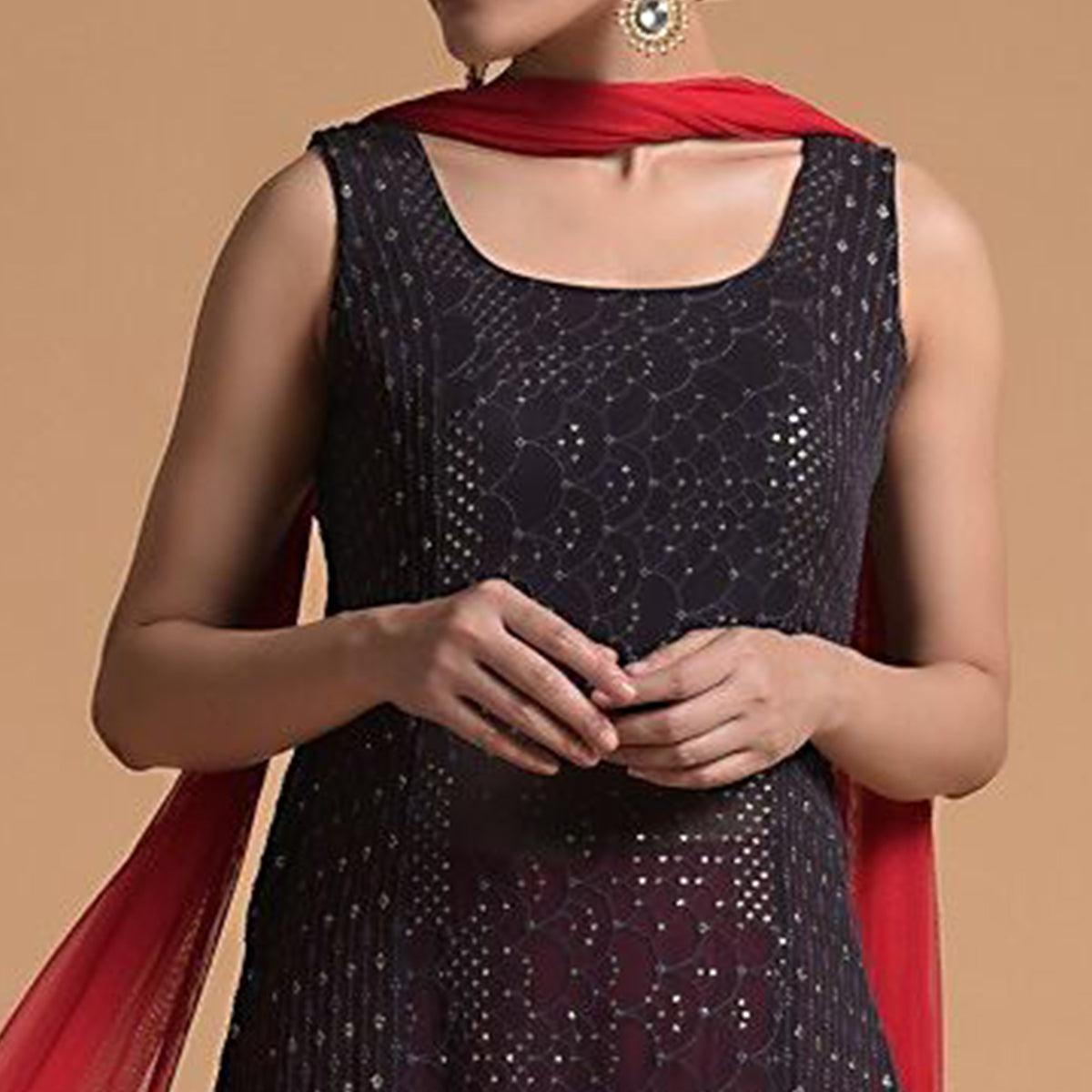 Wine Sequence Embroidered Georgette Kurti Palazzo Set - Peachmode
