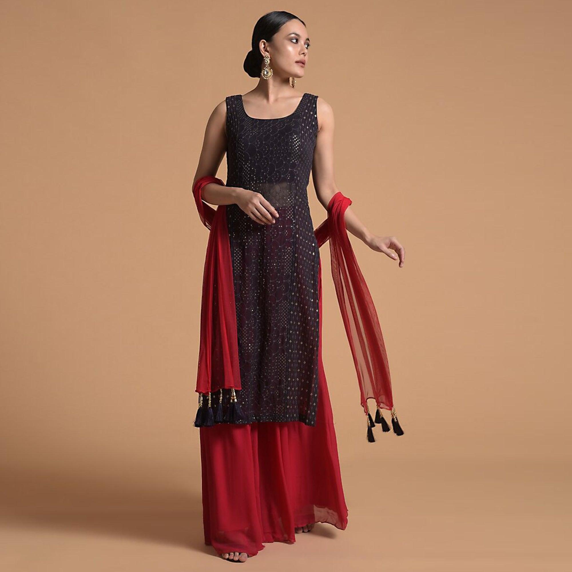 Wine Sequence Embroidered Georgette Kurti Palazzo Set - Peachmode