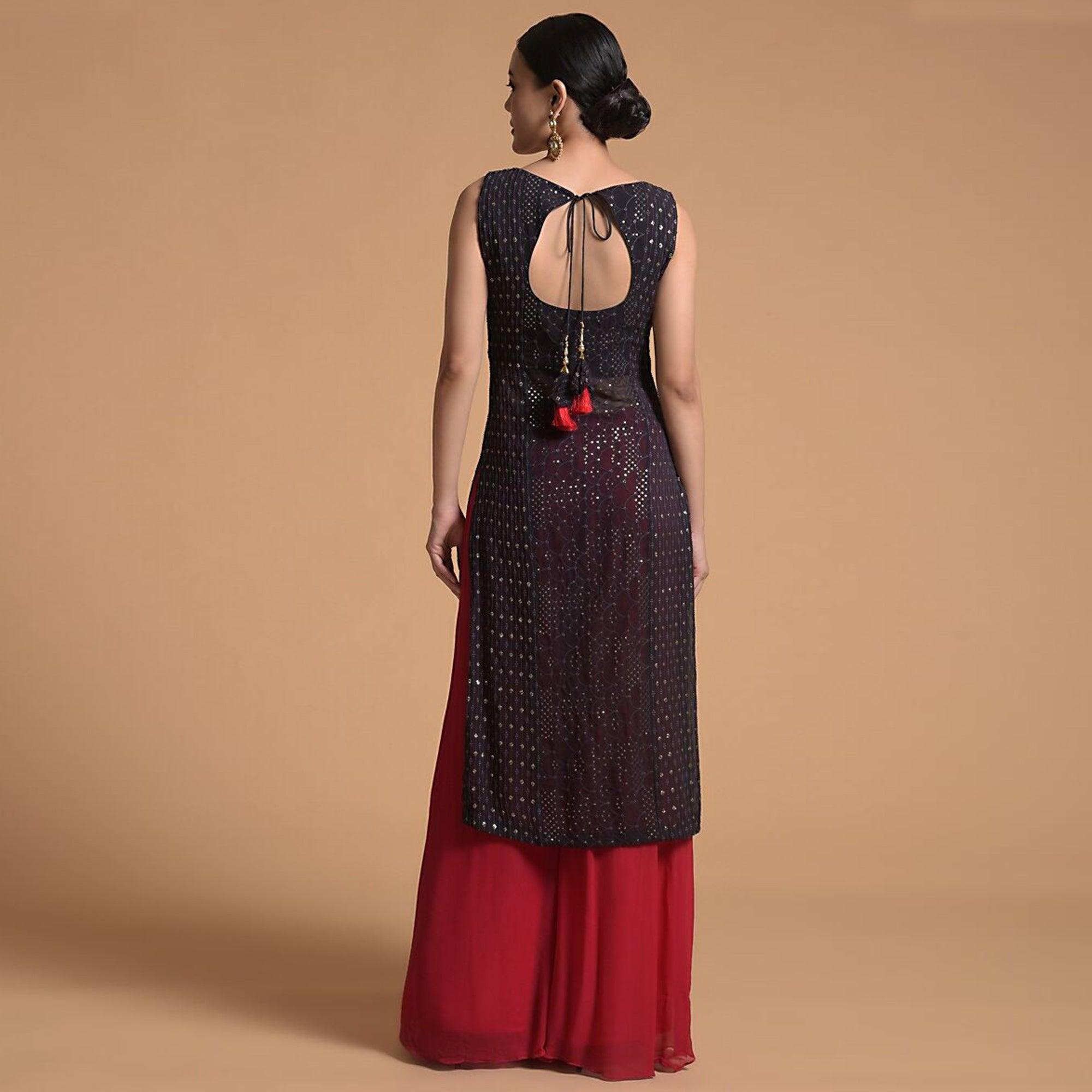 Wine Sequence Embroidered Georgette Kurti Palazzo Set - Peachmode