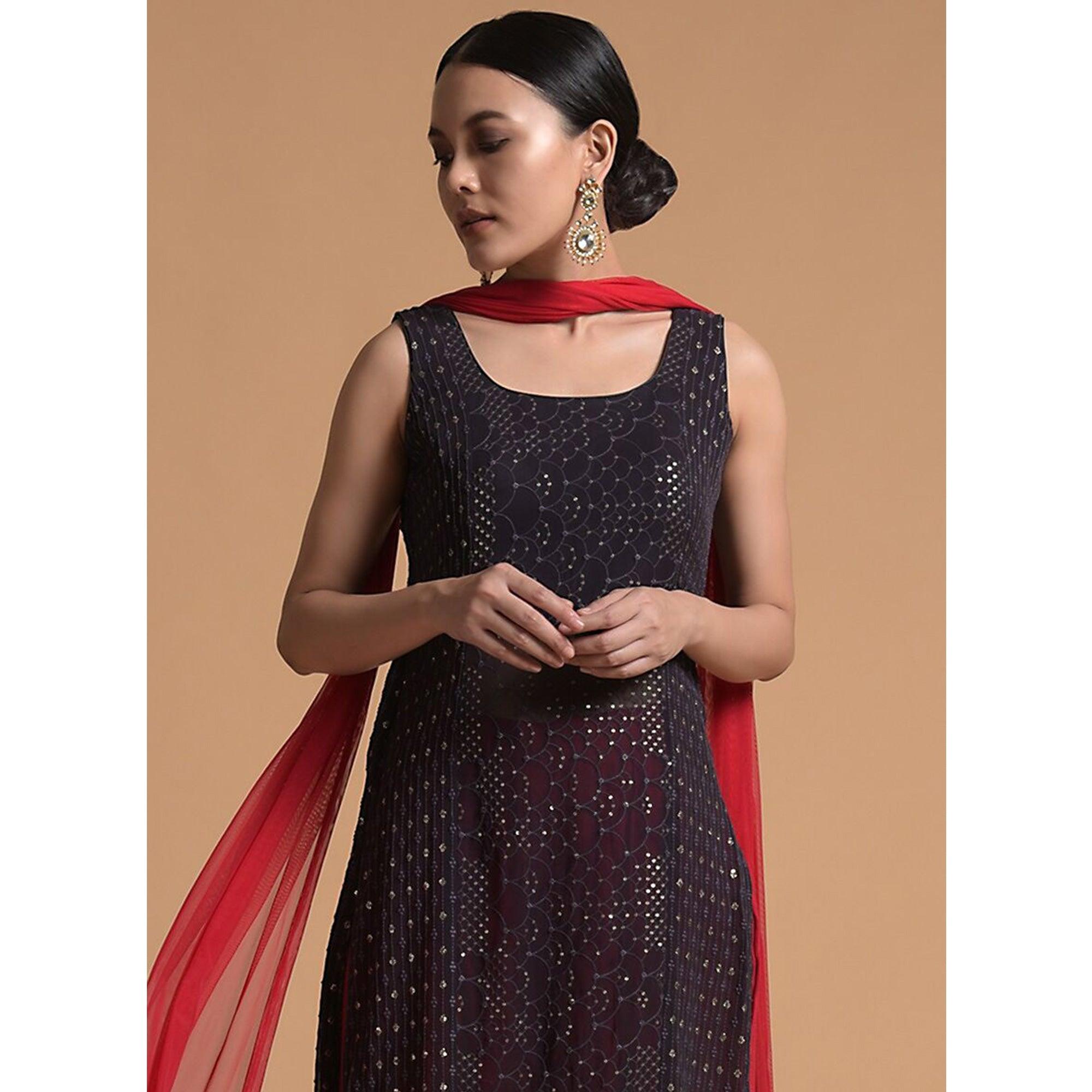 Wine Sequence Embroidered Georgette Kurti Palazzo Set - Peachmode