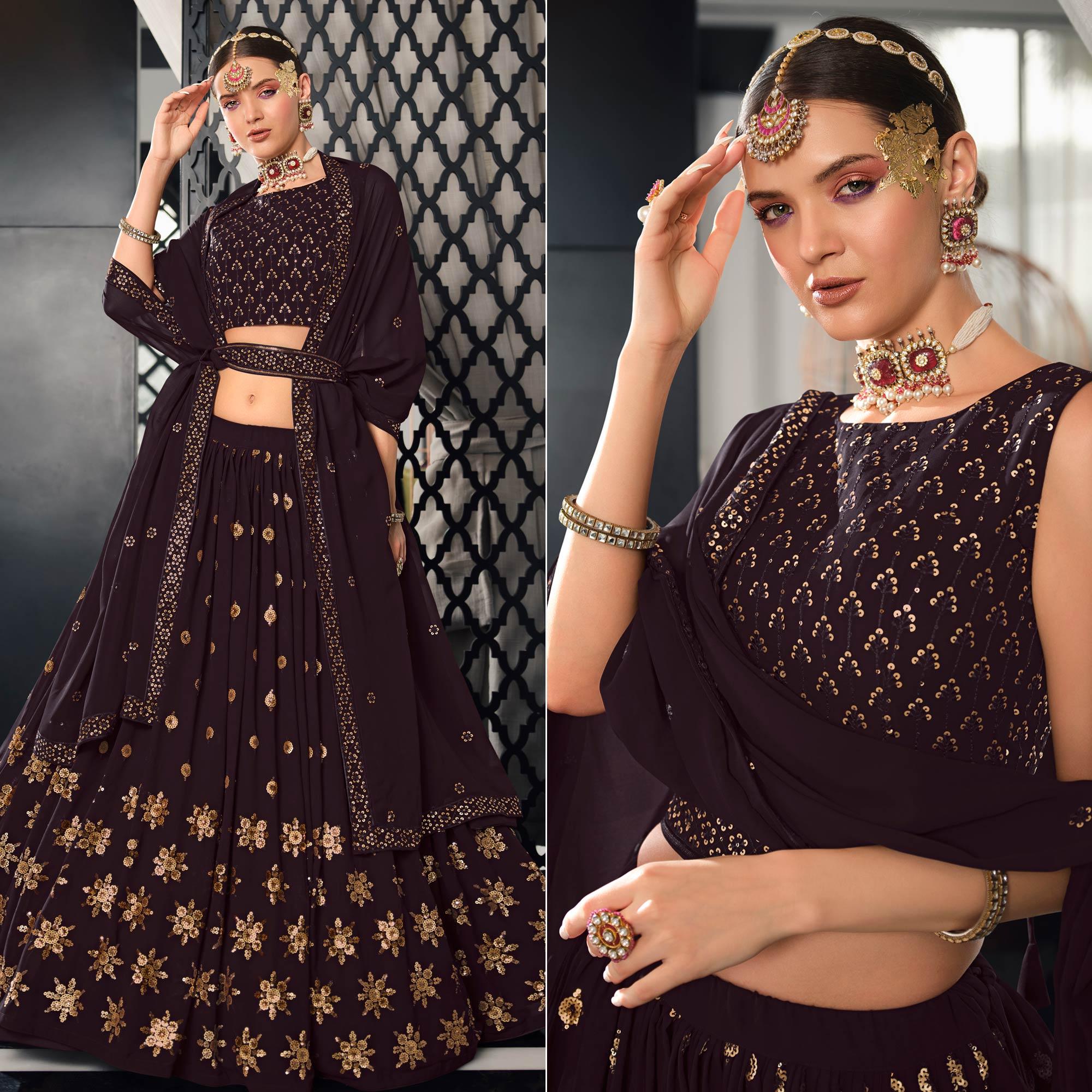 Wine Sequence Embroidered Georgette Lehenga Choli - Peachmode