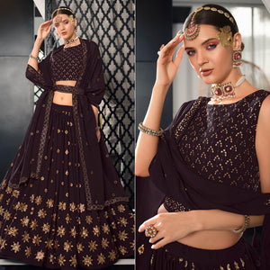 Wine Sequence Embroidered Georgette Lehenga Choli - Peachmode