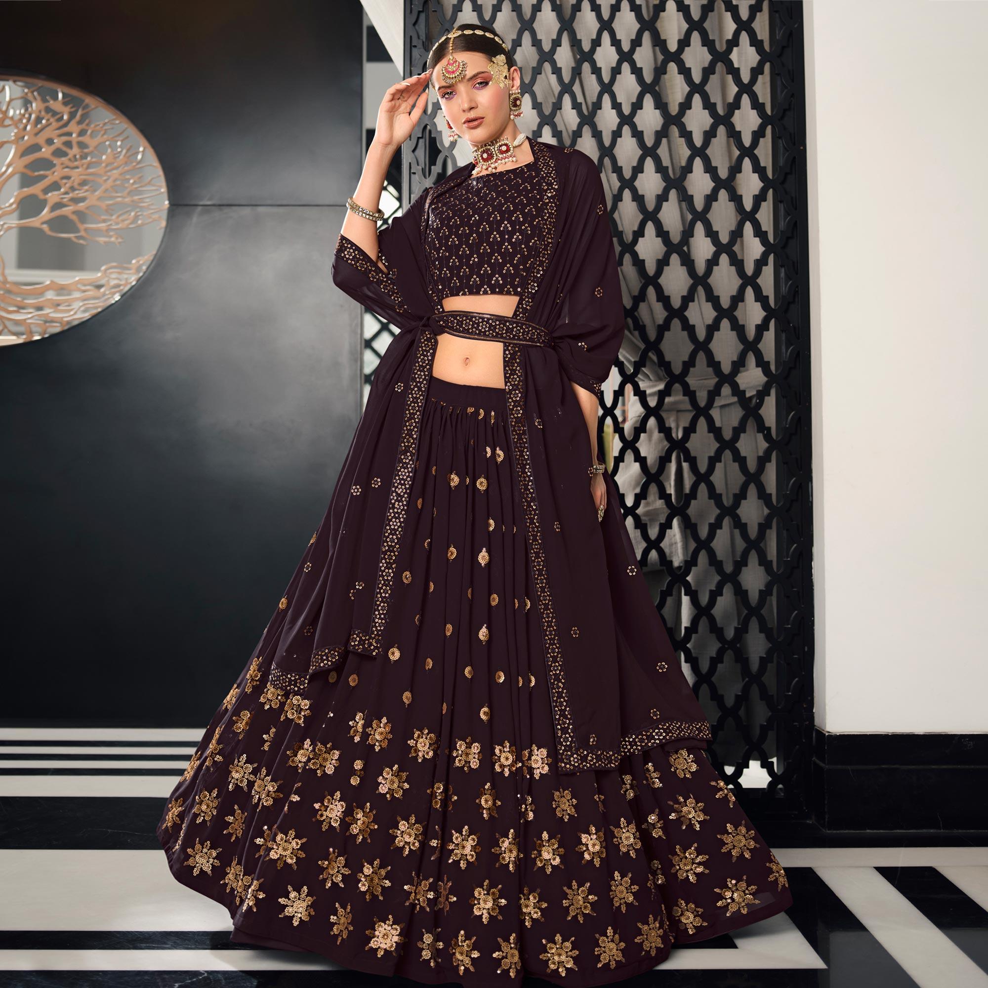 Wine Sequence Embroidered Georgette Lehenga Choli - Peachmode