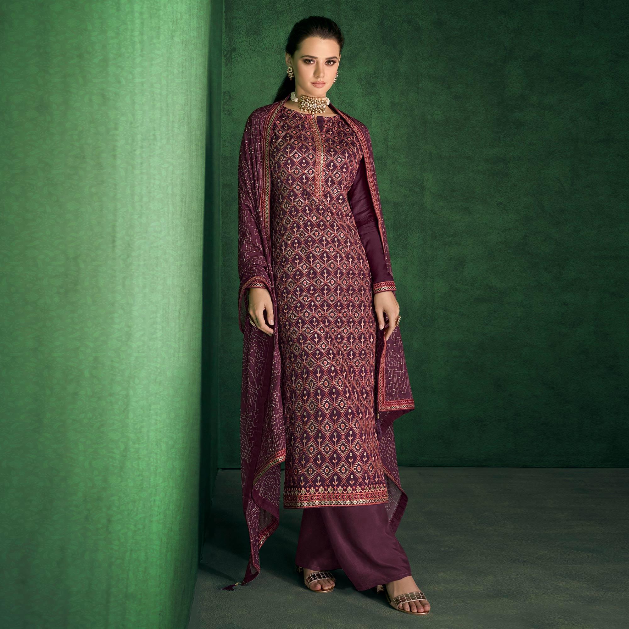 Wine Sequence Embroidered Handwork Chiffon Partywear Suit - Peachmode